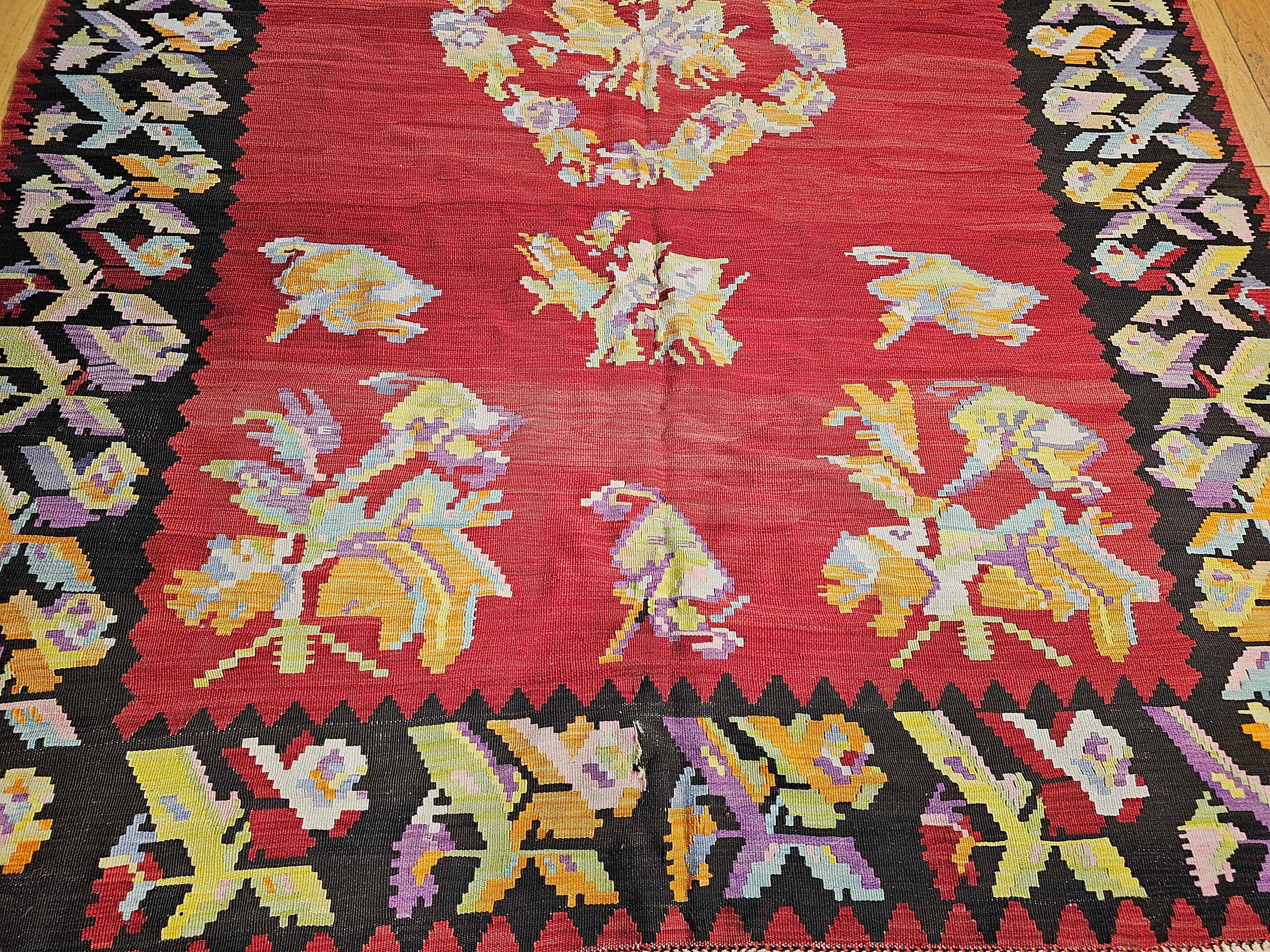 Vintage Karabagh Room Size Kilim in Floral Pattern in Red, Ivory, Red, Pink In Good Condition For Sale In Barrington, IL