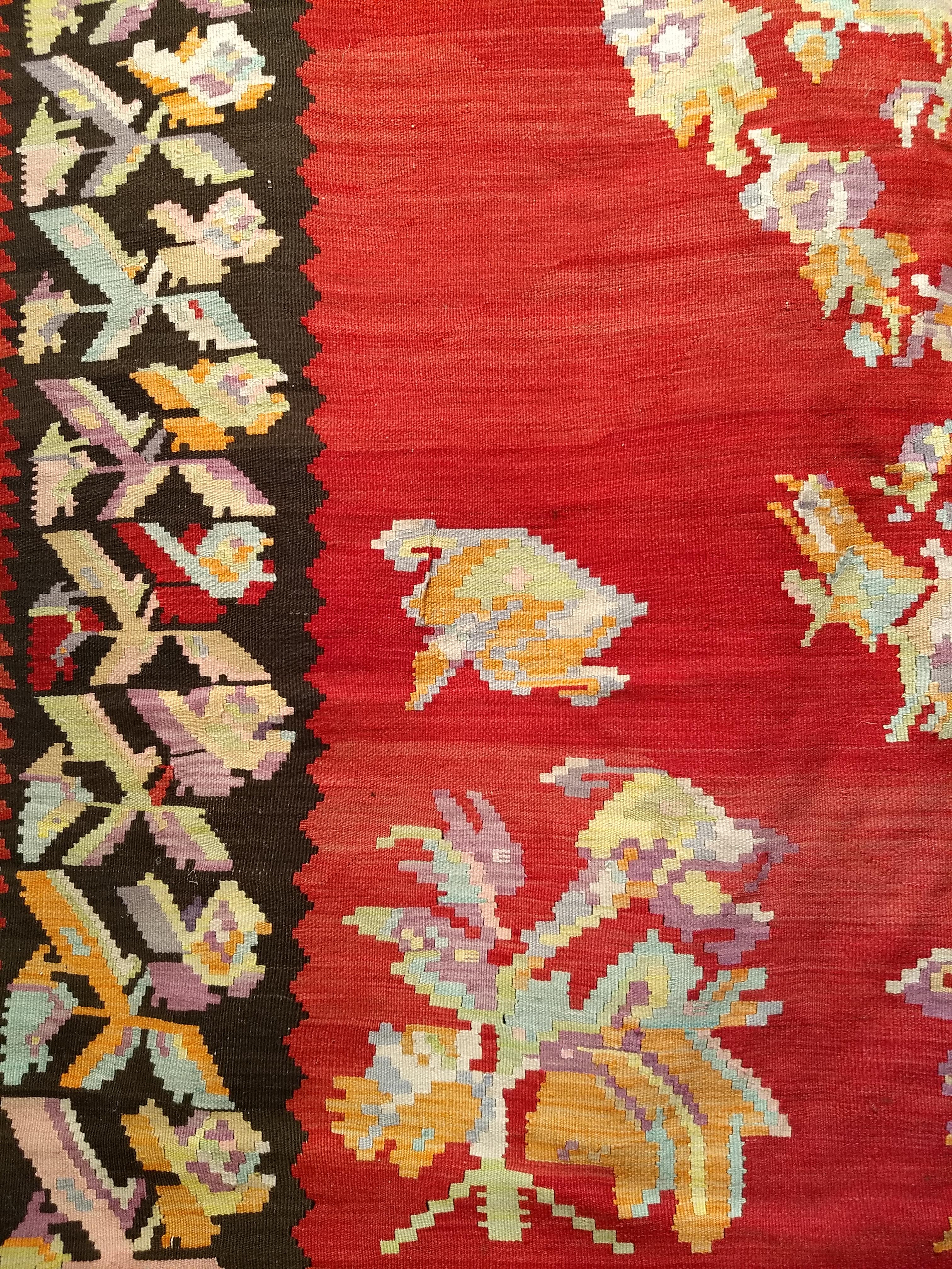 Wool Vintage Karabagh Room Size Kilim in Floral Pattern in Red, Ivory, Red, Pink For Sale