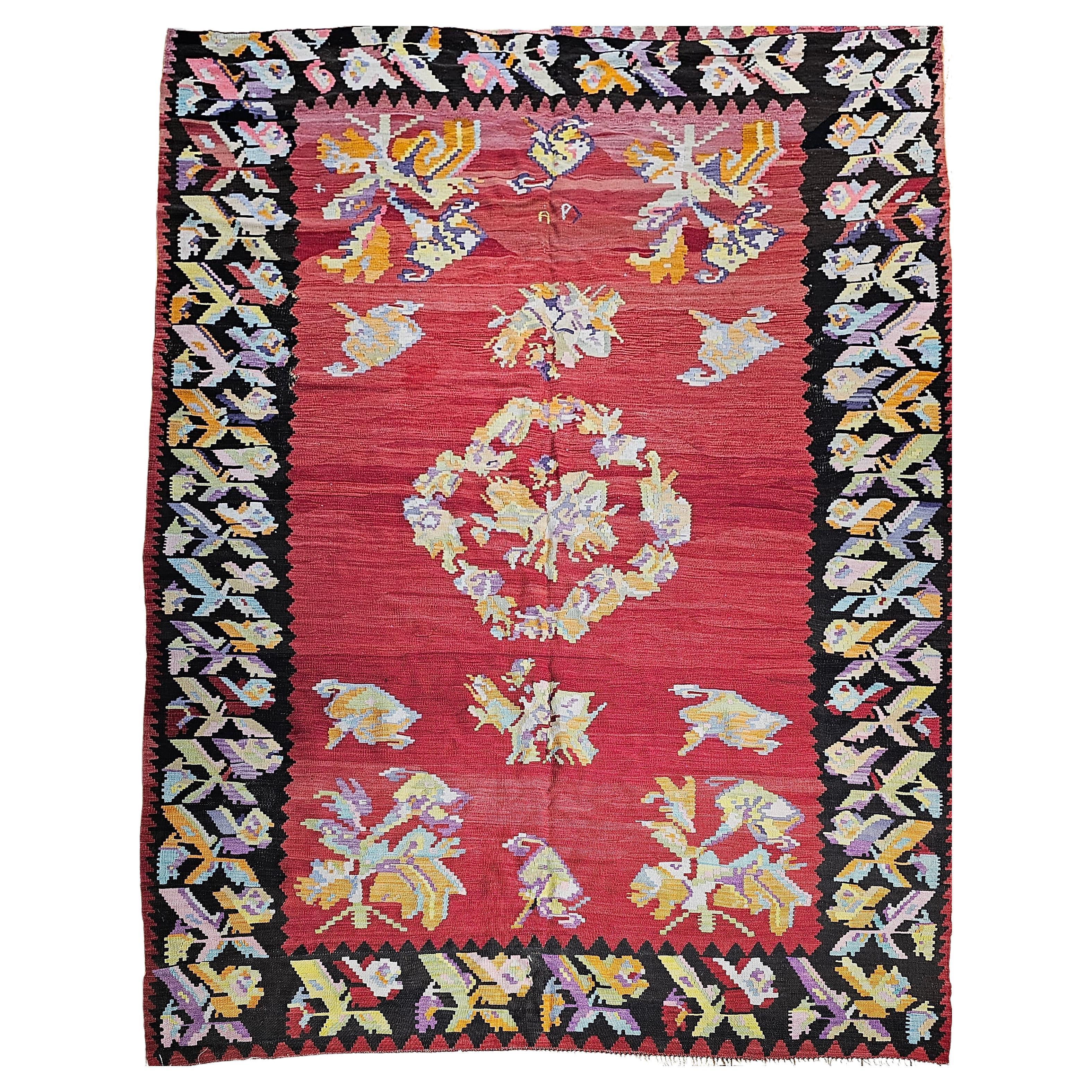 Vintage Karabagh Room Size Kilim in Floral Pattern in Red, Ivory, Red, Pink