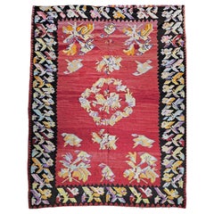 Vintage Room Size Karabagh Kilim in Floral Pattern in Red, Ivory, Red, Pink