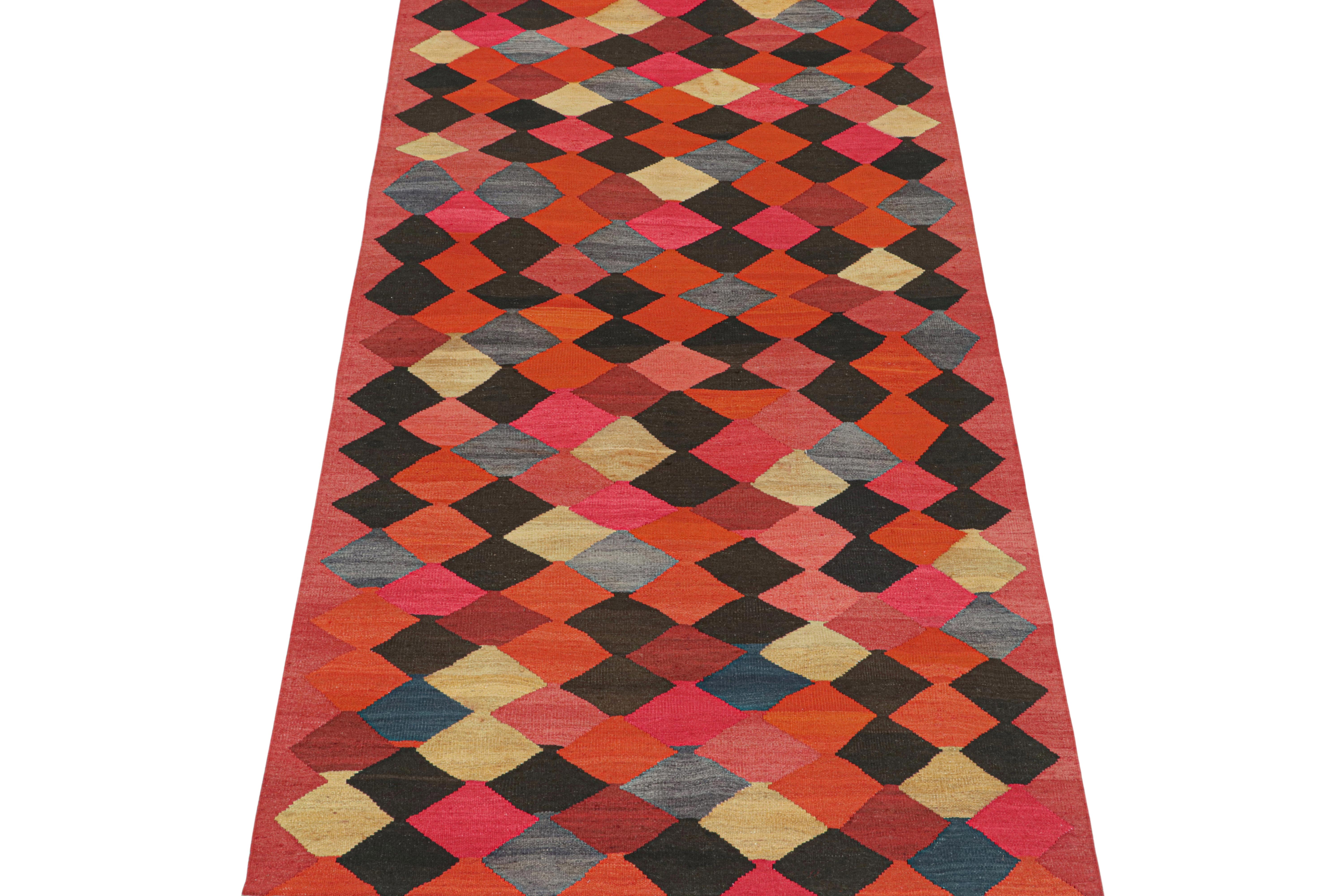 This vintage 4x8 Persian Kilim is believed to be a tribal runner of Karadagh—a mountainous region known for its Craft. Handwoven in wool, it originates circa 1950-1960.

Design:

The bold design prefers geometric patterns in polychromatic tones,