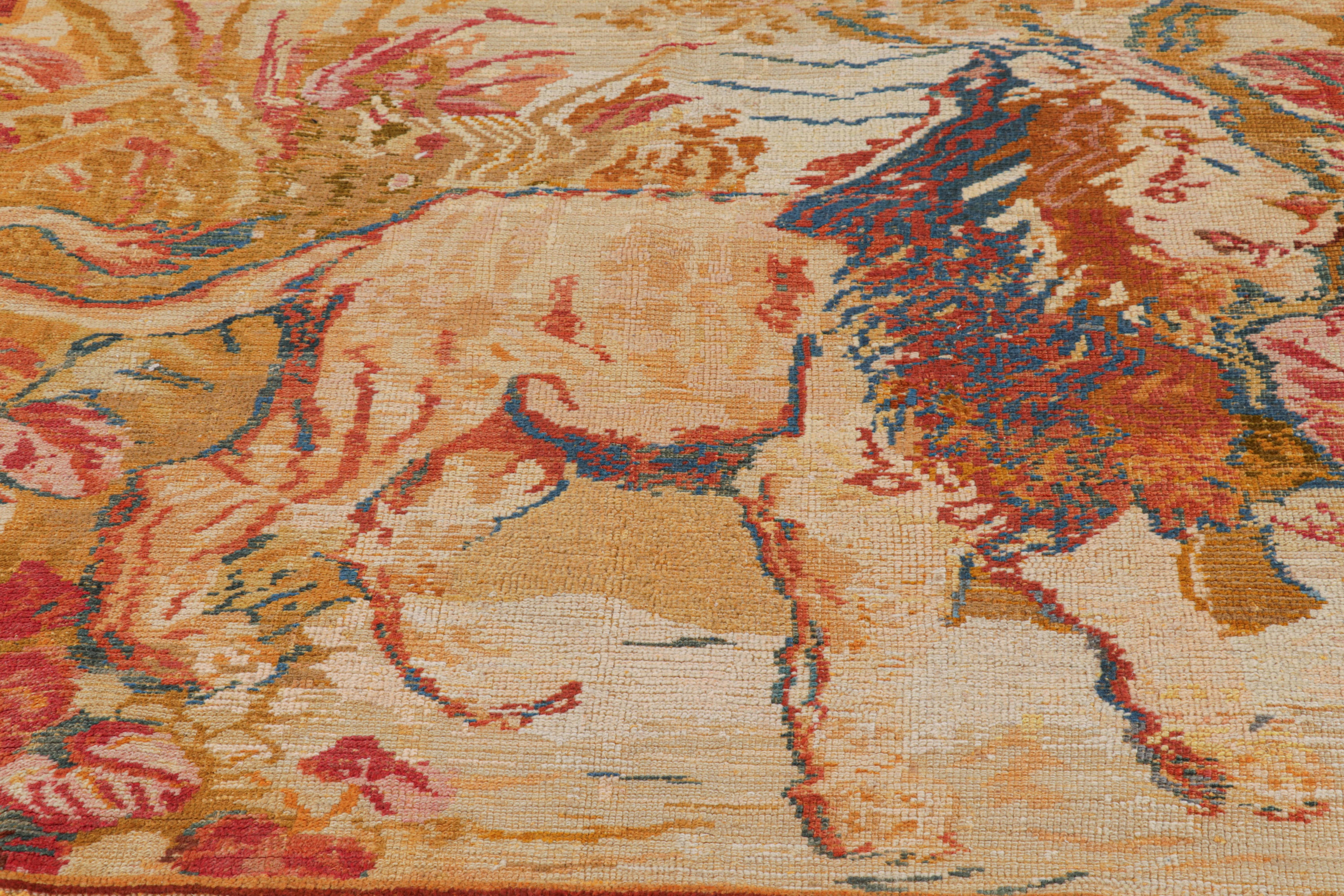 Handmade in wool circa 1950-1960 originating from the titular city in India, this 4x5 vintage Karavar rug features a colorful adaptation of lion pictorial. 

On the Design

Though one of its many beauties is the variety of colors for such detailed
