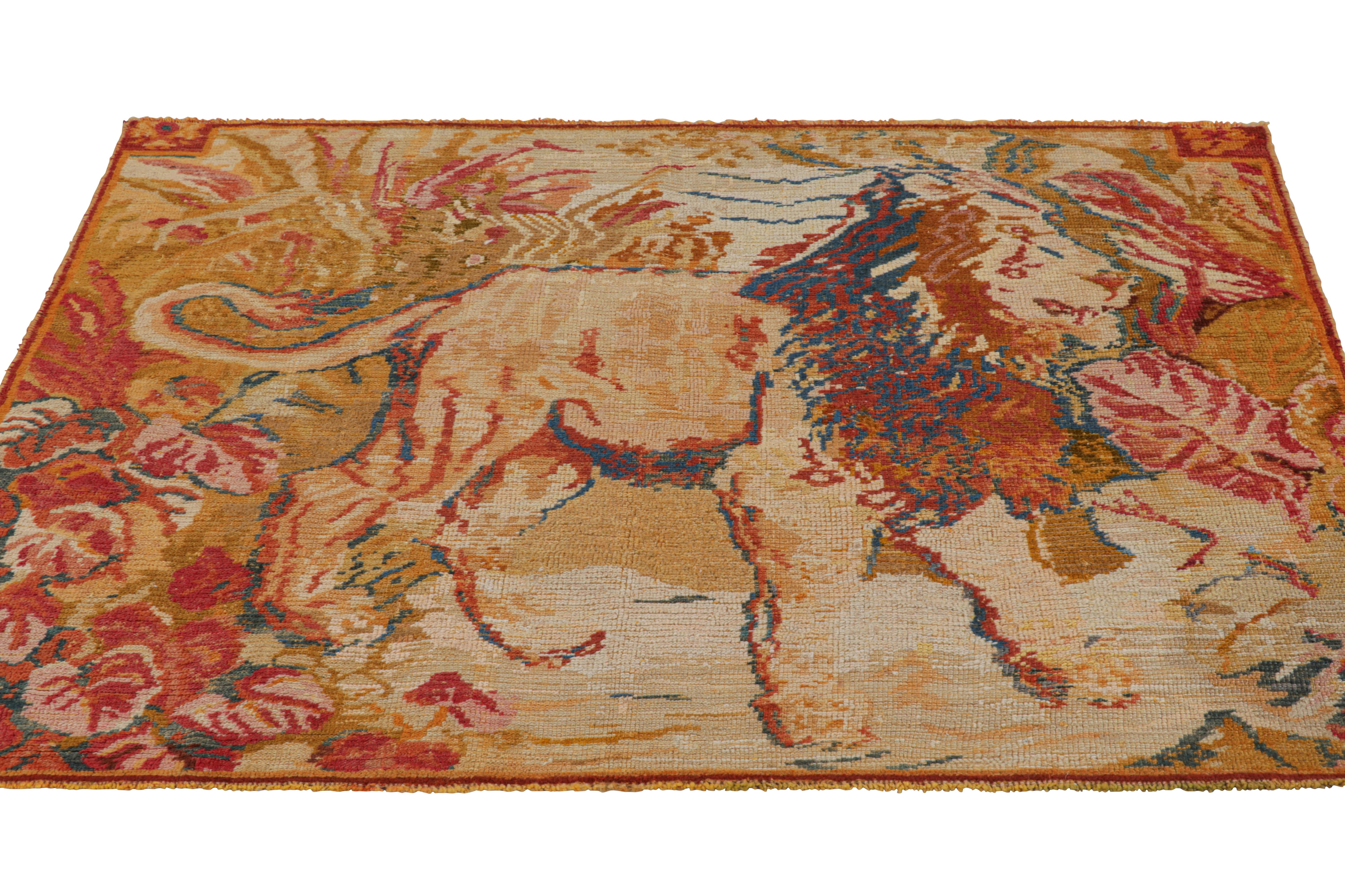 Hand-Knotted Vintage Karavar Rug with Polychromatic Lion Pictorial, from Rug & Kilim For Sale