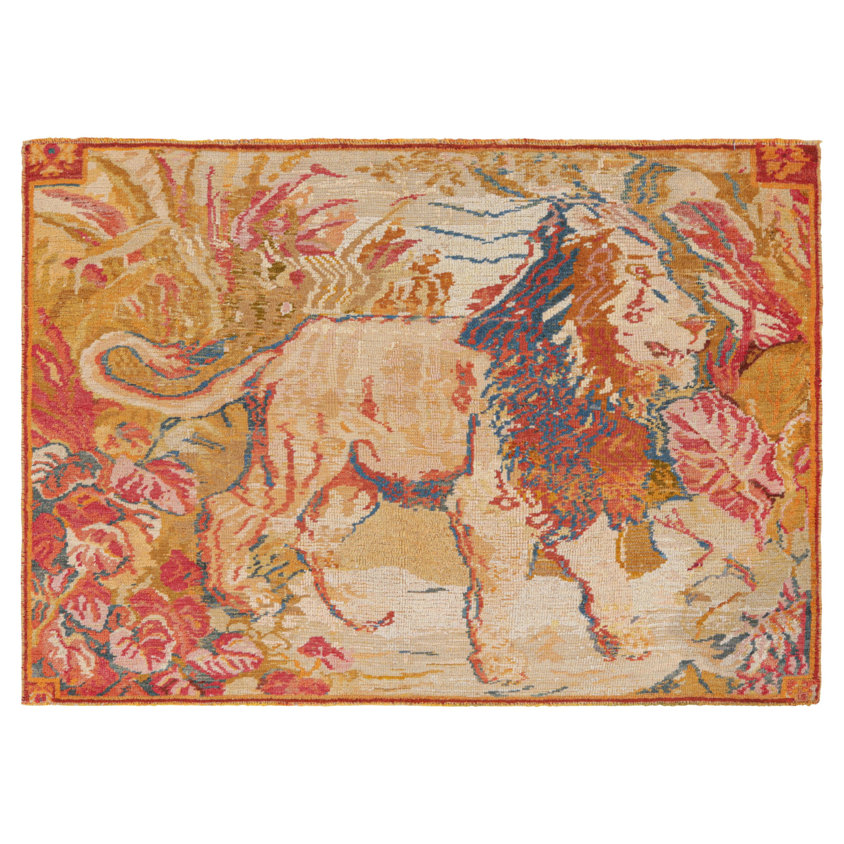Vintage Karavar Rug with Polychromatic Lion Pictorial, from Rug & Kilim For Sale