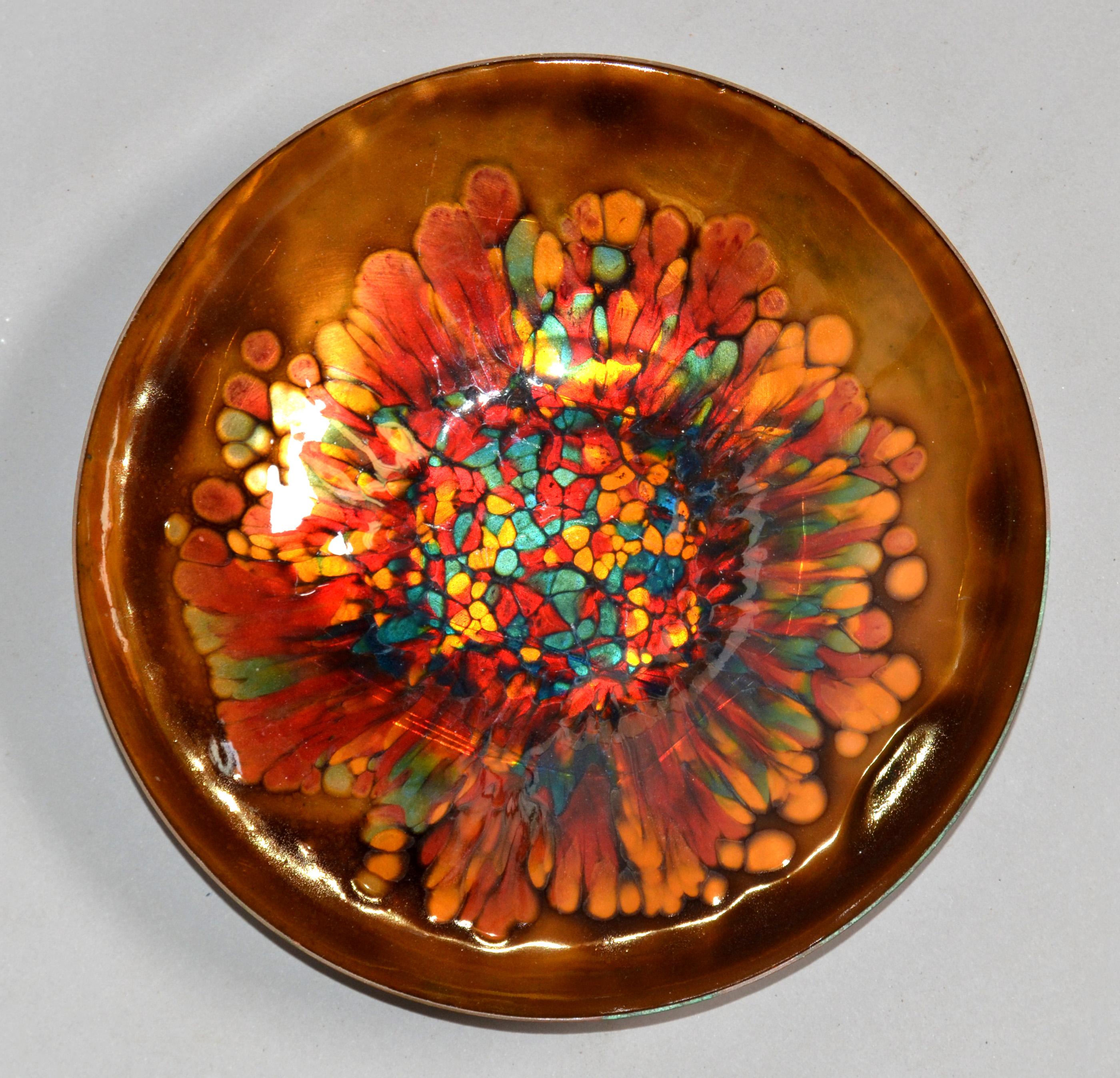 Mid-Century Modern Vintage Kareka Enamel Over Copper Decorative Bowl, Plate, Centerpiece