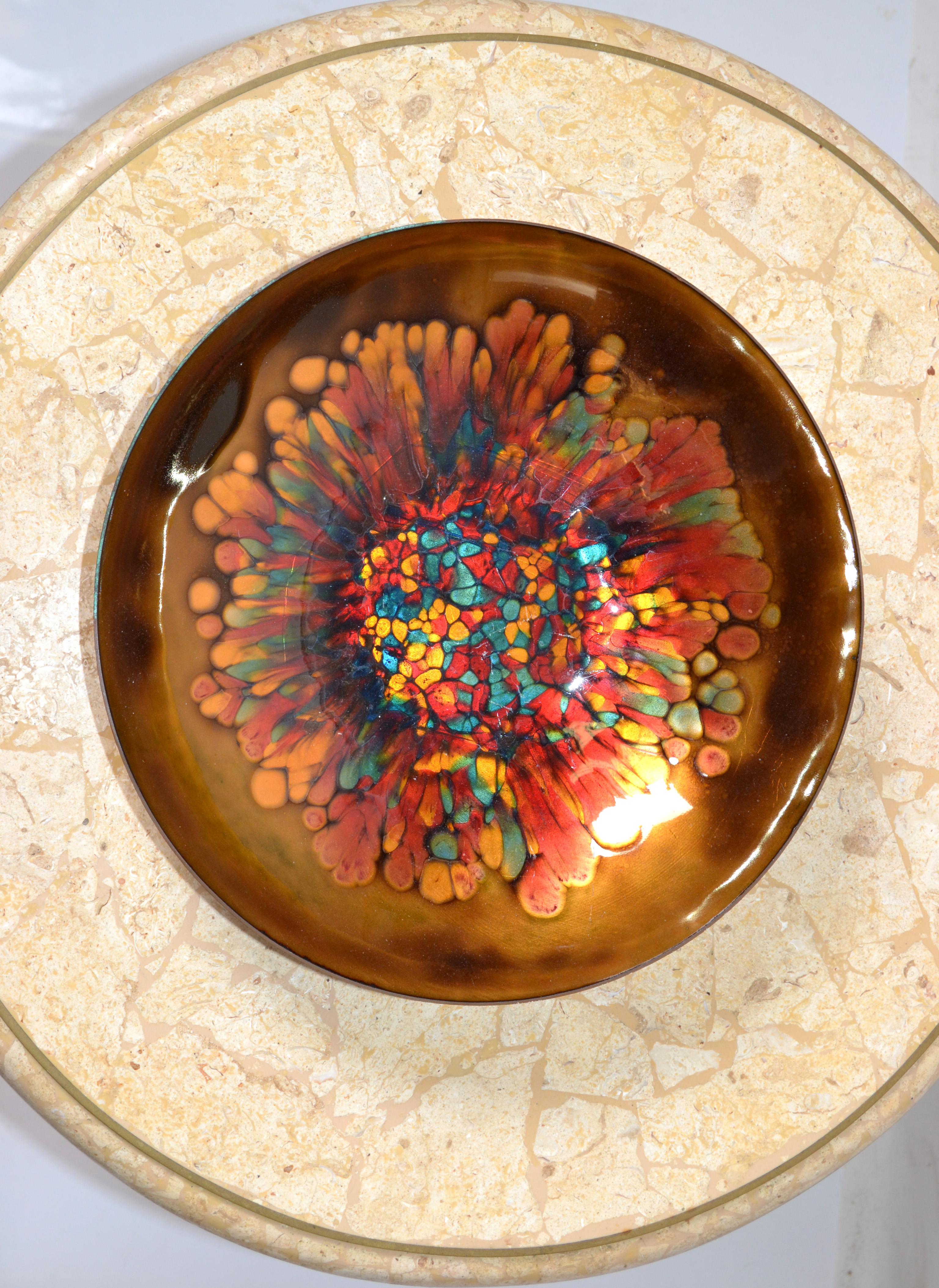 Hammered Vintage Kareka Enamel Over Copper Decorative Bowl, Plate, Centerpiece