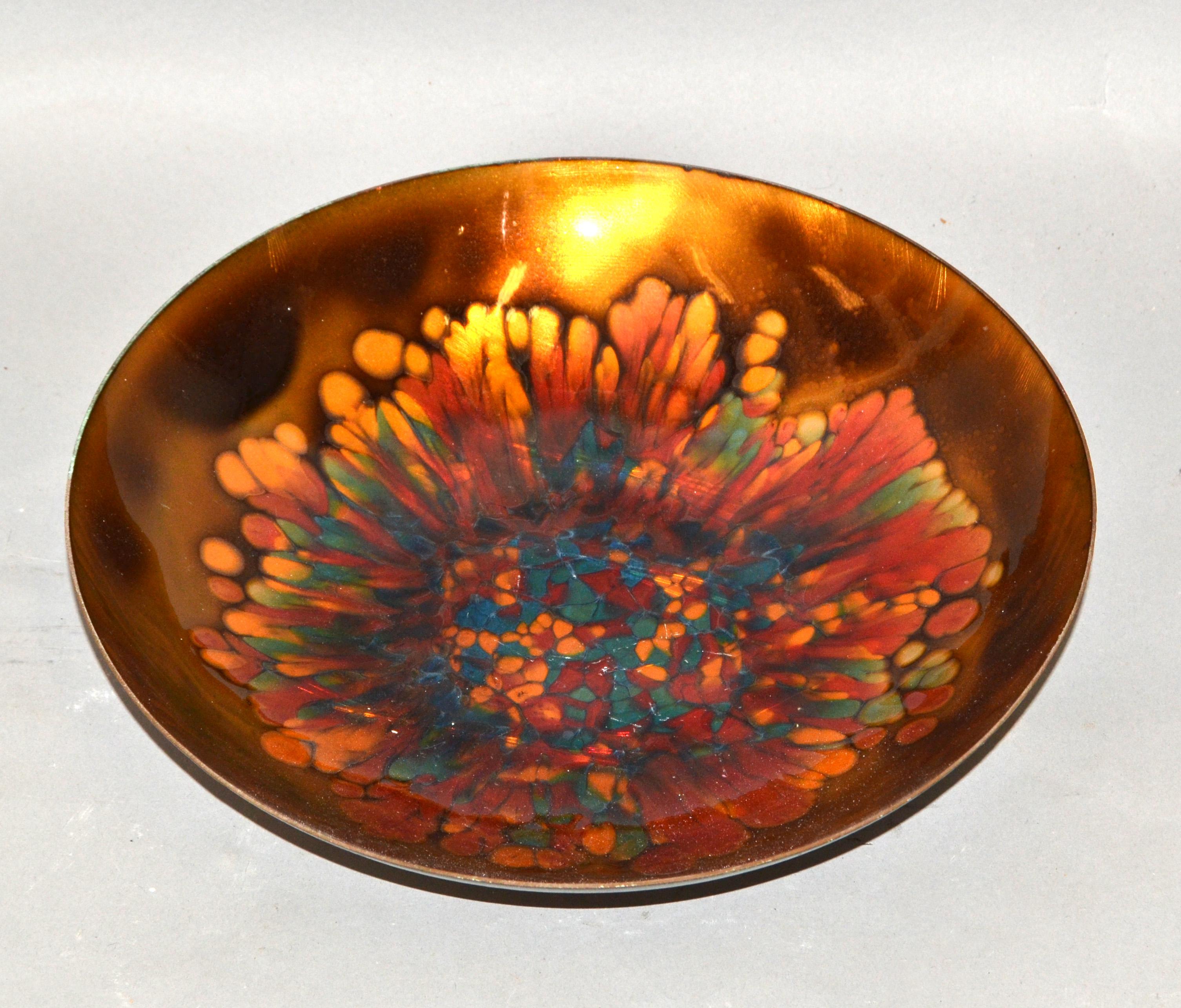 Vintage Kareka Enamel Over Copper Decorative Bowl, Plate, Centerpiece In Good Condition In Miami, FL