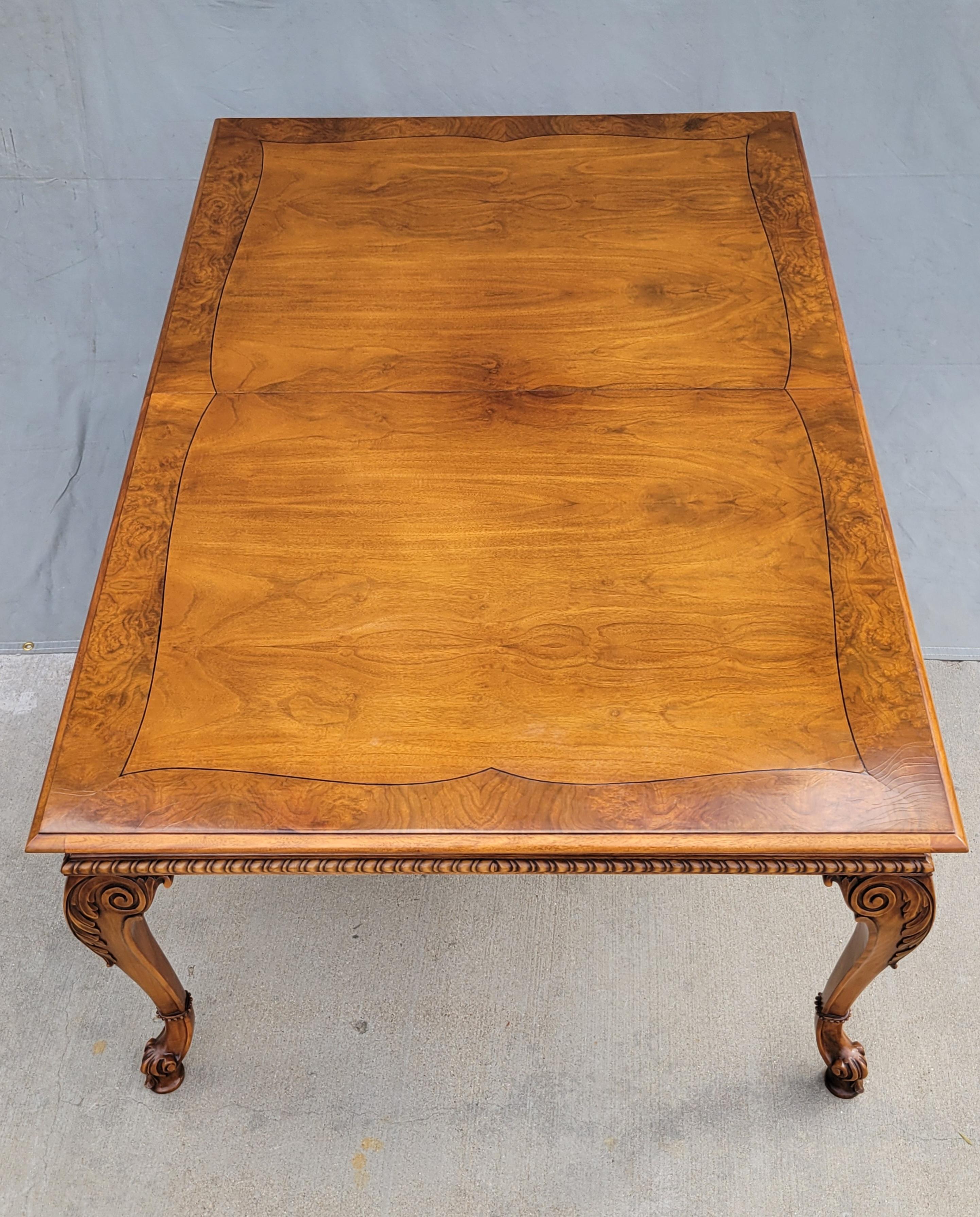Late 20th Century Vintage Karges Burl Walnut Dining Table With 3 Leaves and Pads