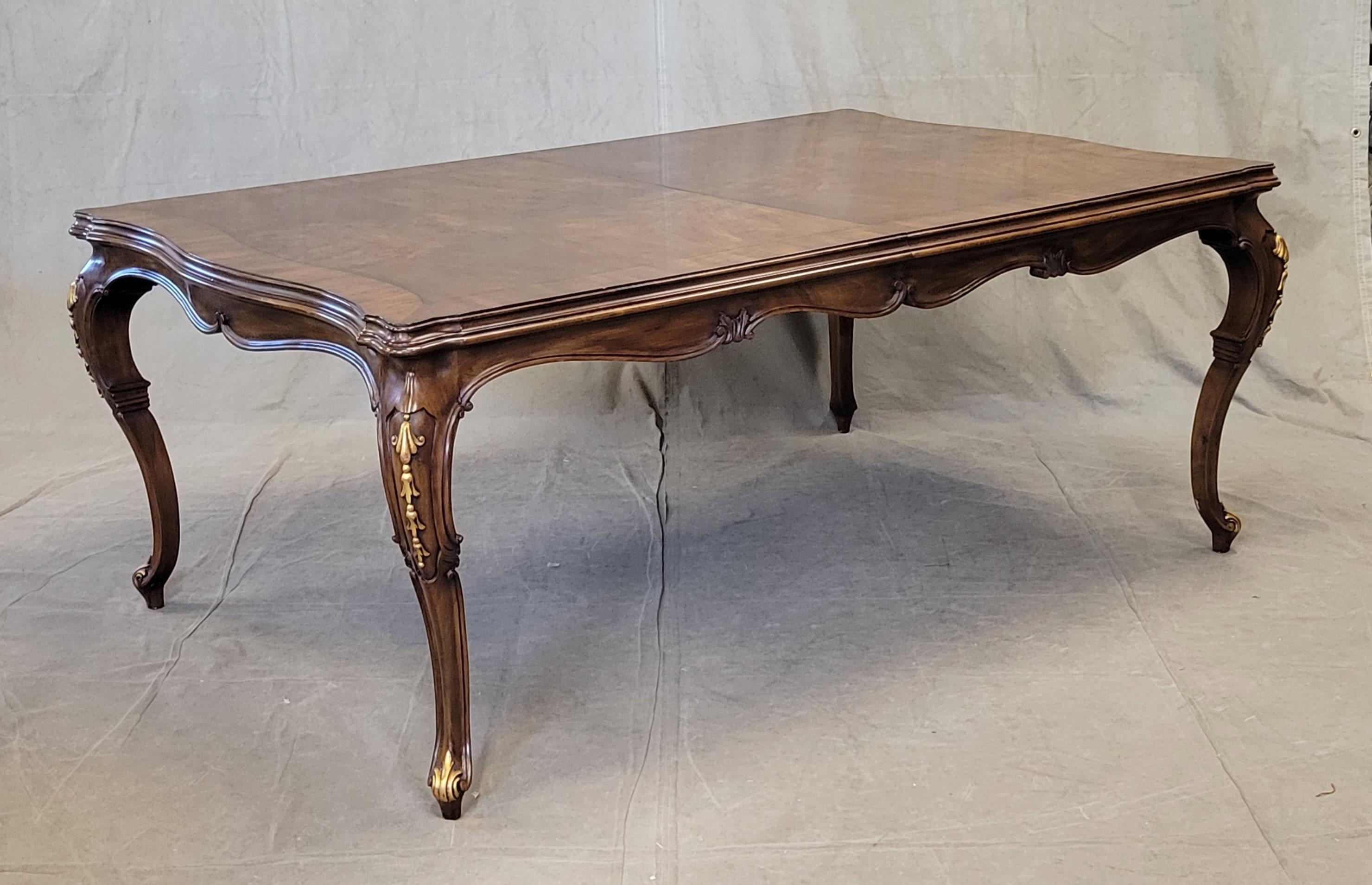 A stunning vintage Karges Furniture French Louis XV style six foot long burl walnut dining table. Included are four 20