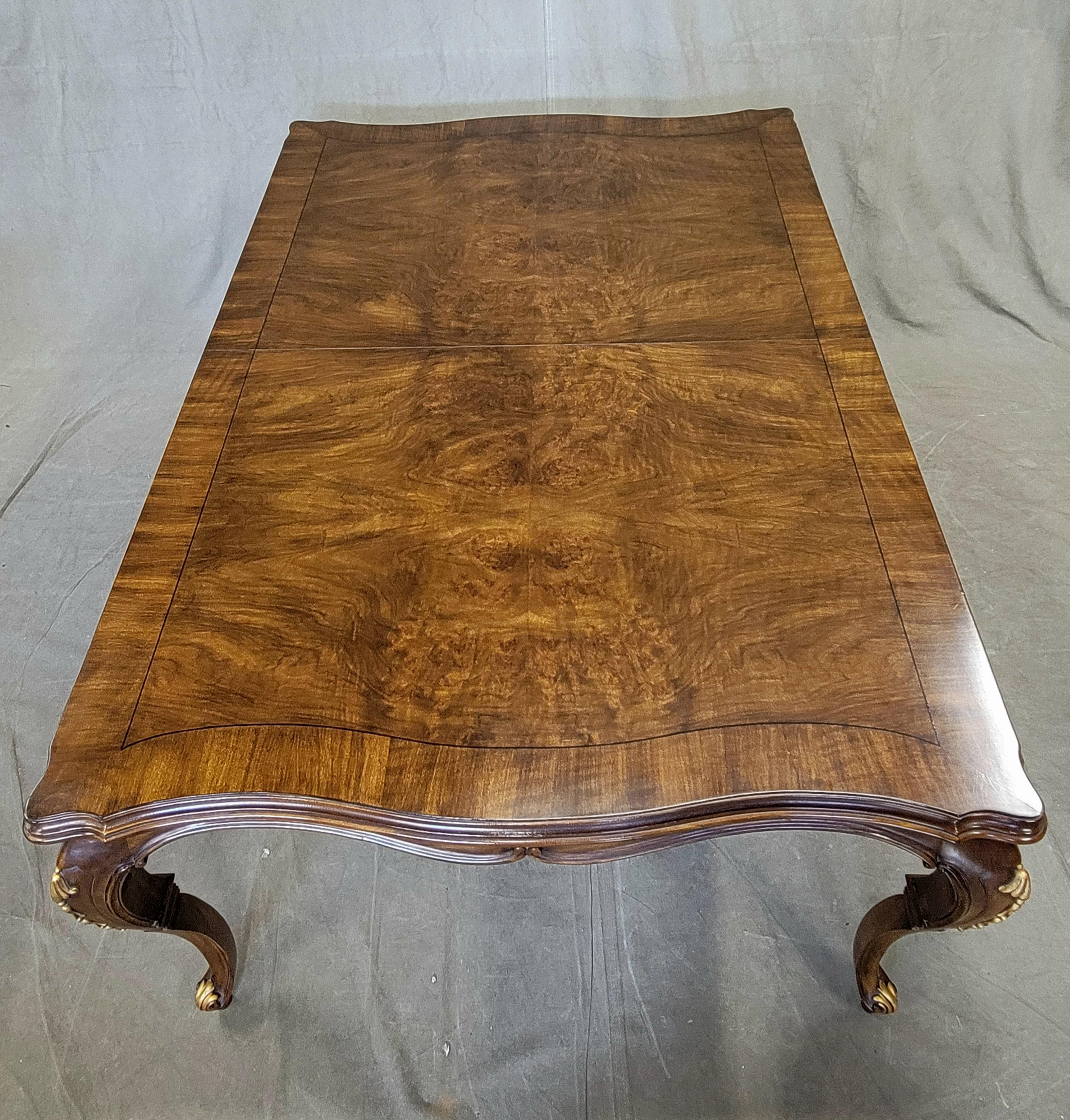Hand-Crafted Vintage Karges French Louis XV Burl Walnut Dining Room Table With Four Leaves