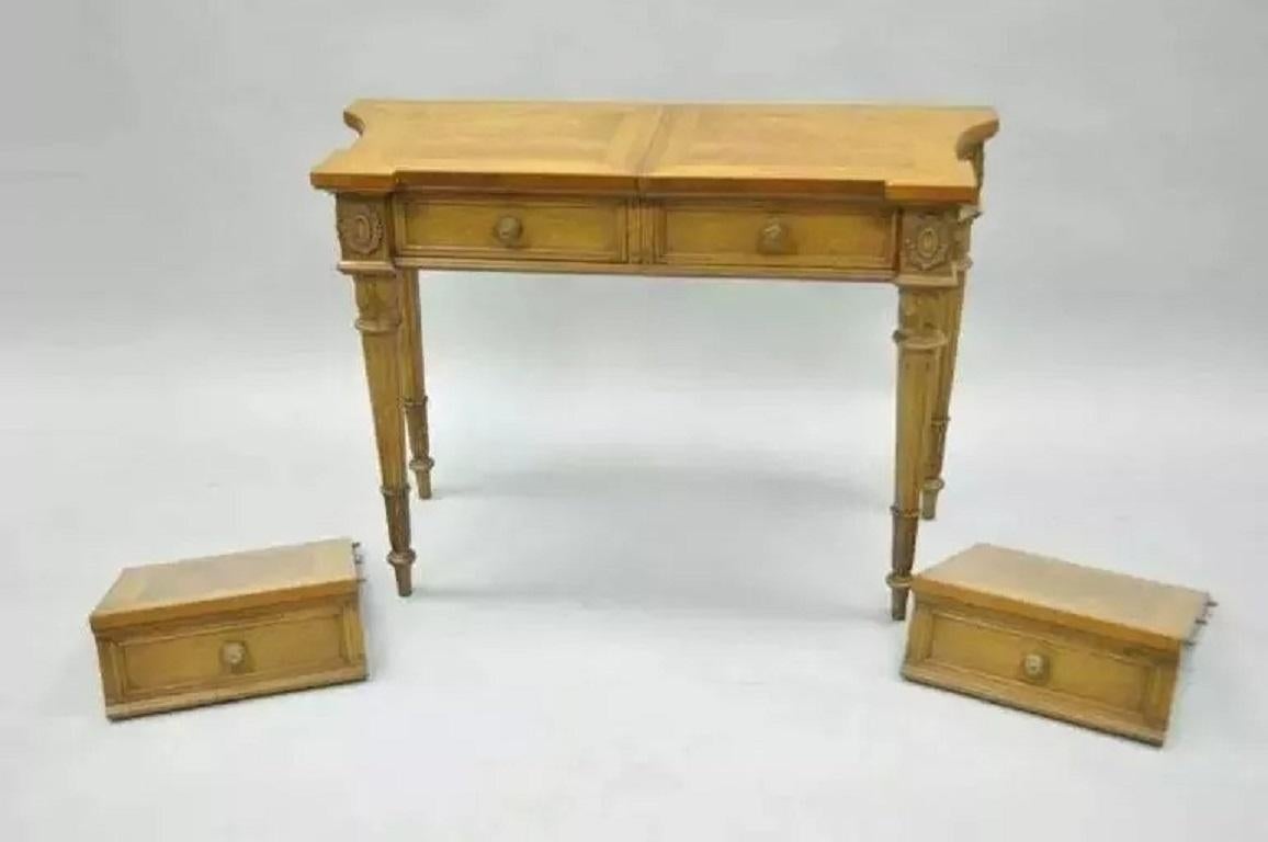 Vintage Karges Walnut French Regency Style Extension Server Console Sofa Table. Item features walnut construction with banded shaped top, two dovetail constructed drawers, (2) removable faux drawer 16