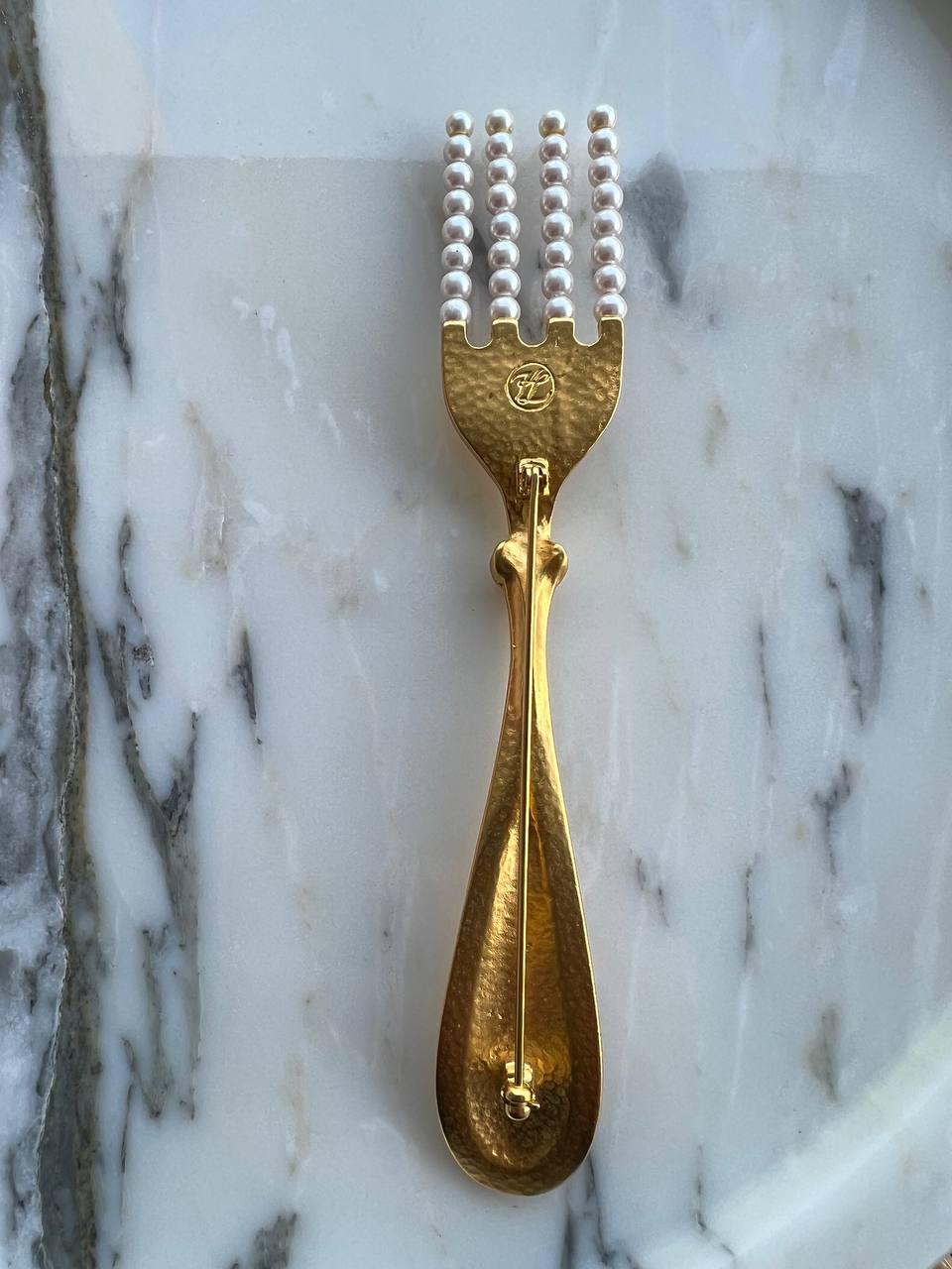 Romantic Vintage Karl Lagerfeld 24k gold plate Faux Pearls Fork Brooch, 1990s For Sale