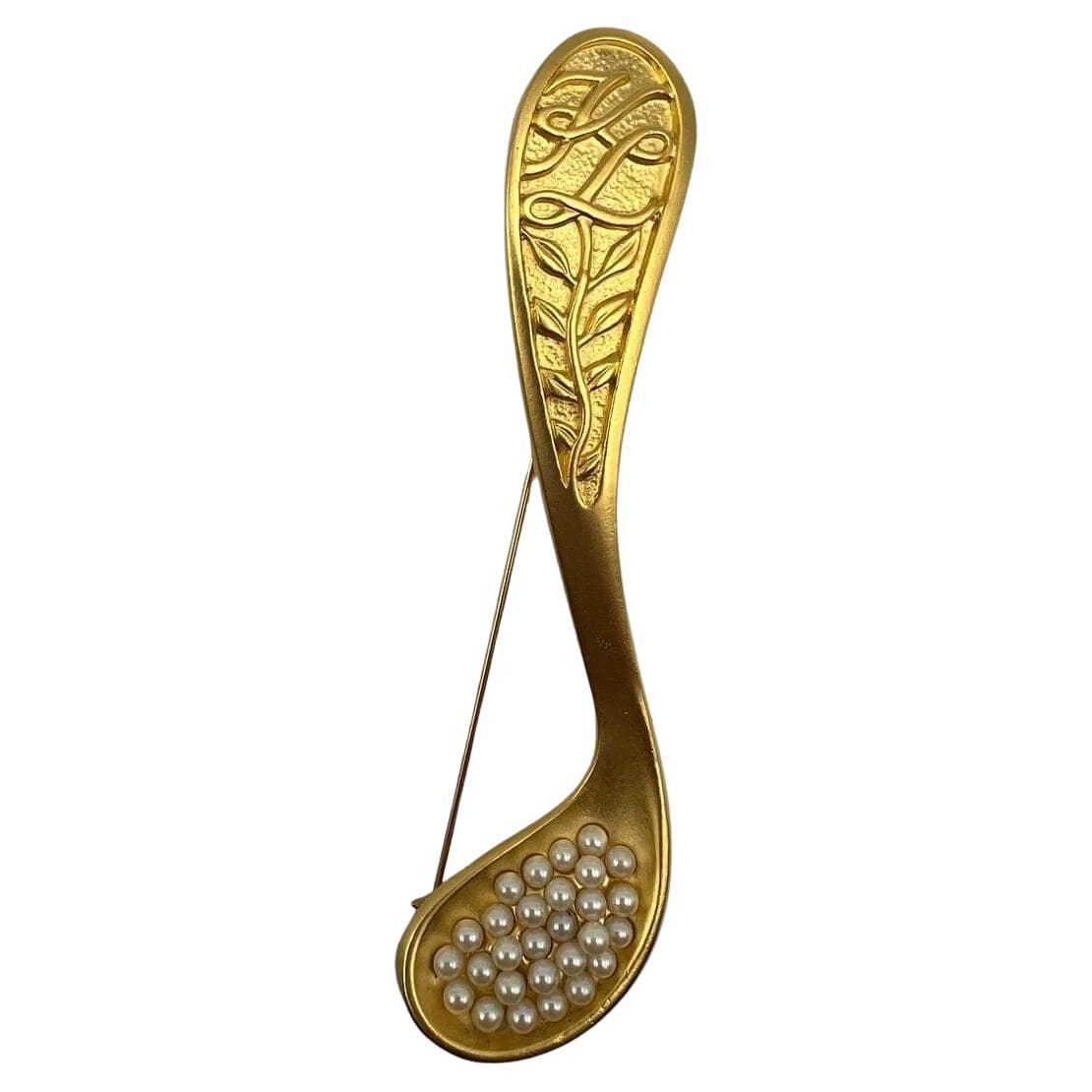 Vintage Karl Lagerfeld 24k gold plate Faux Pearls Spoon Brooch For Sale