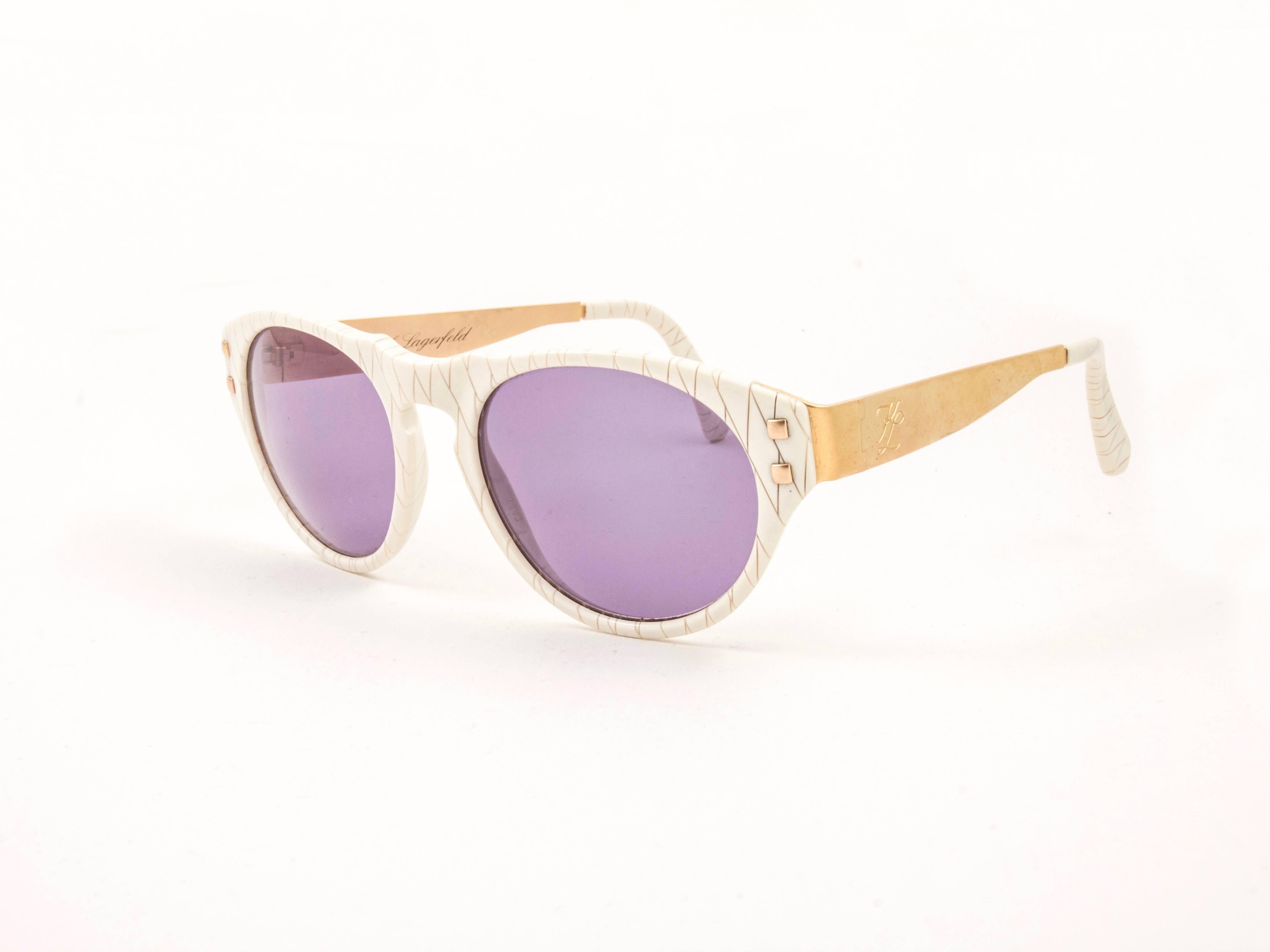 Purple Vintage Karl Lagerfeld 3601 White & Gold 1990's Sunglasses For Sale