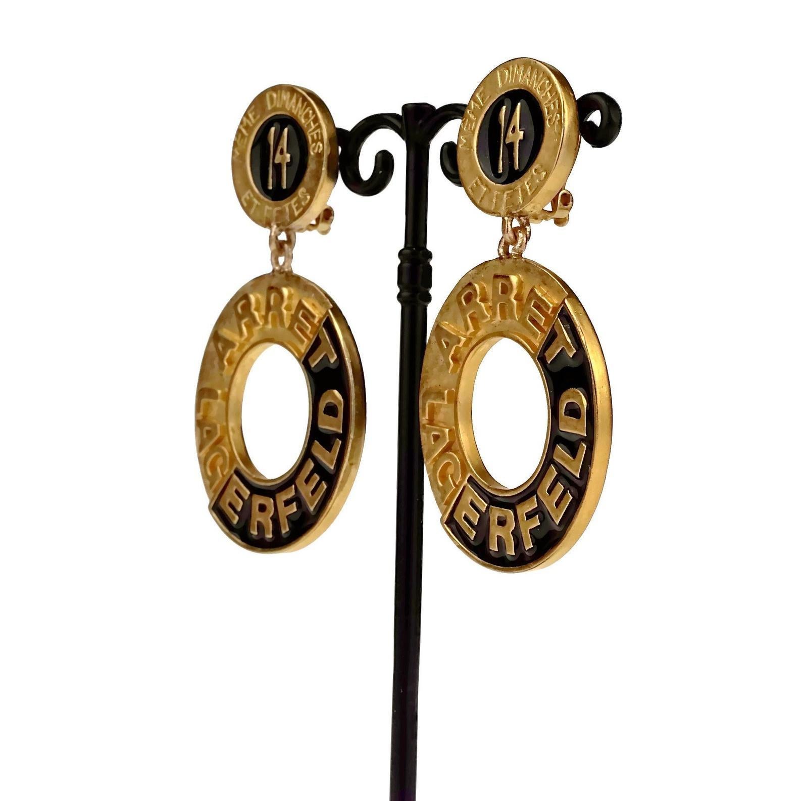 Vintage KARL LAGERFELD Address 14 Blvd De La Madeleine Enamel Hoop Earrings In Excellent Condition For Sale In Kingersheim, Alsace