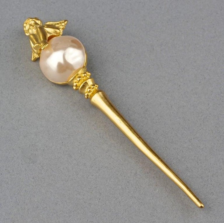 Vintage KARL LAGERFELD Angel Pearl Long Sceptre Brooch For Sale at 1stDibs