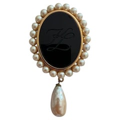 Vintage Karl Lagerfeld Black Glass and Faux Pearls KL Logo Brooch, 1990s