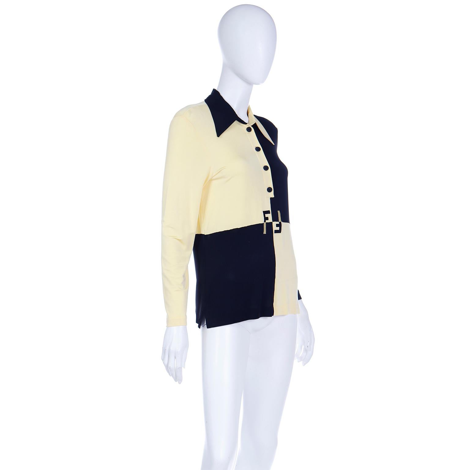 Vintage Karl Lagerfeld Fendi F Logo Hemd Color Block Gelbe & Schwarze Bluse im Zustand „Hervorragend“ im Angebot in Portland, OR