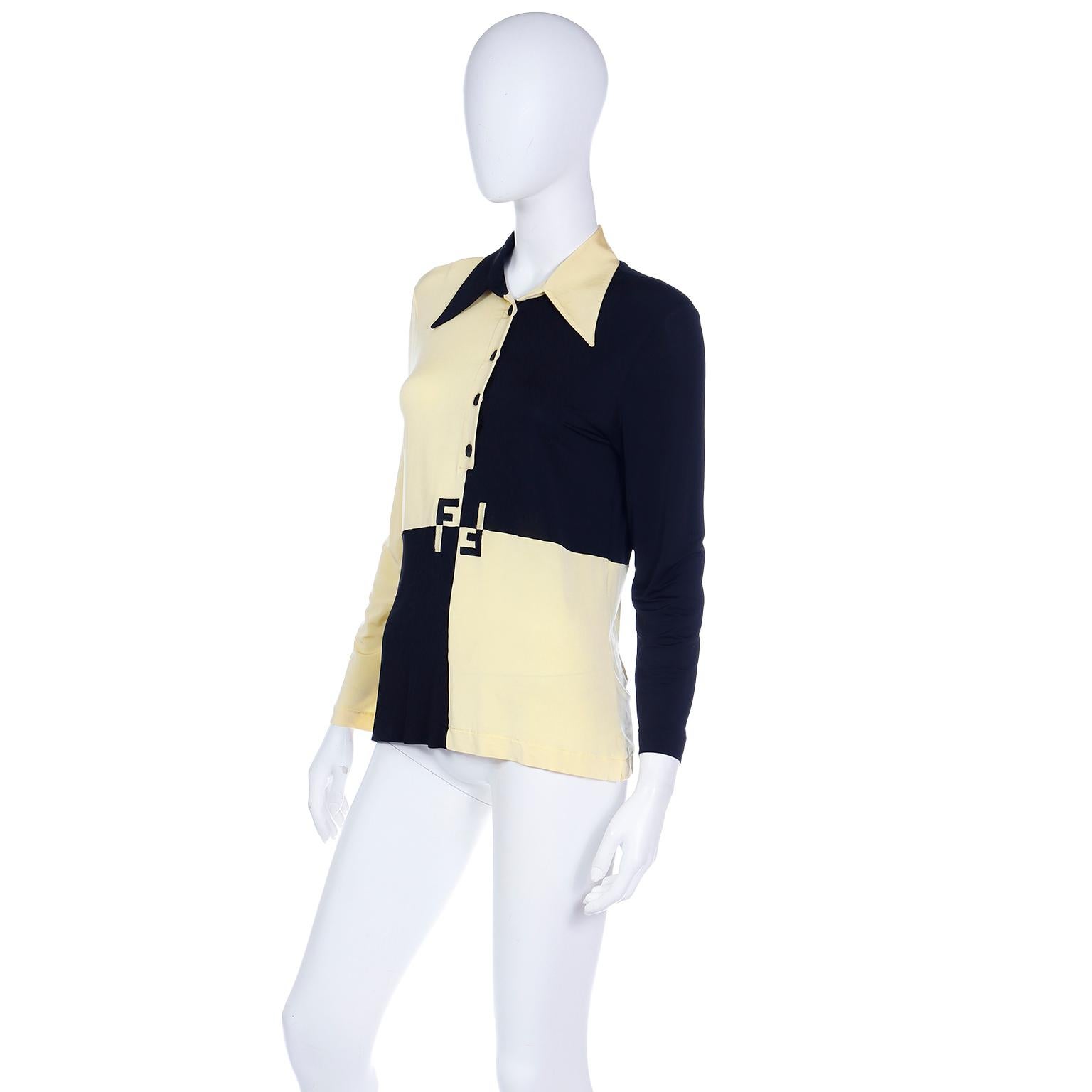 Vintage Karl Lagerfeld Fendi F Logo Hemd Color Block Gelbe & Schwarze Bluse im Angebot 1