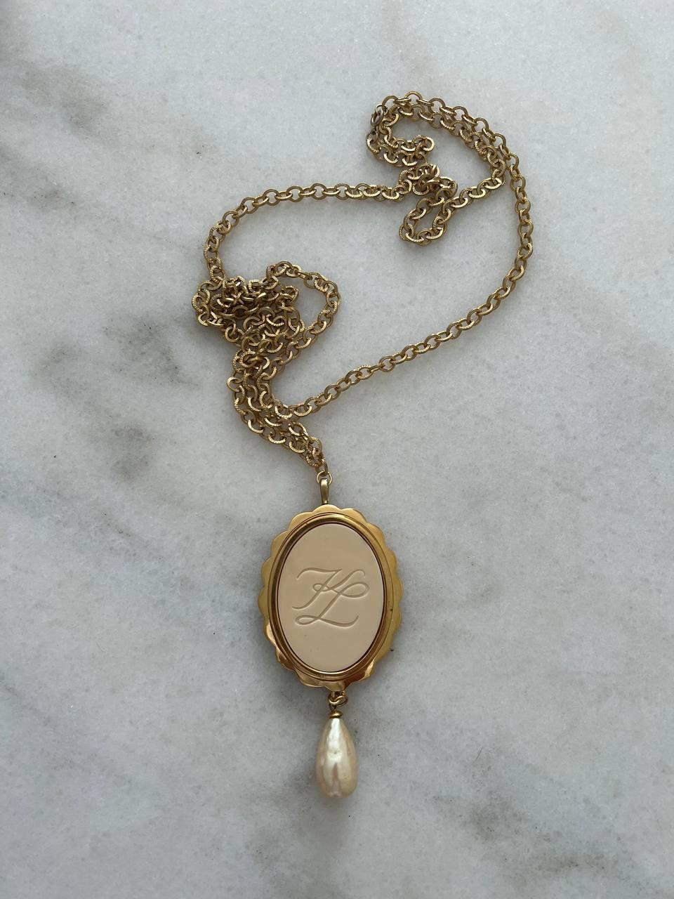 Renaissance Vintage Karl Lagerfeld Glass and Faux Pearl KL Logo Pendant, 1990s For Sale
