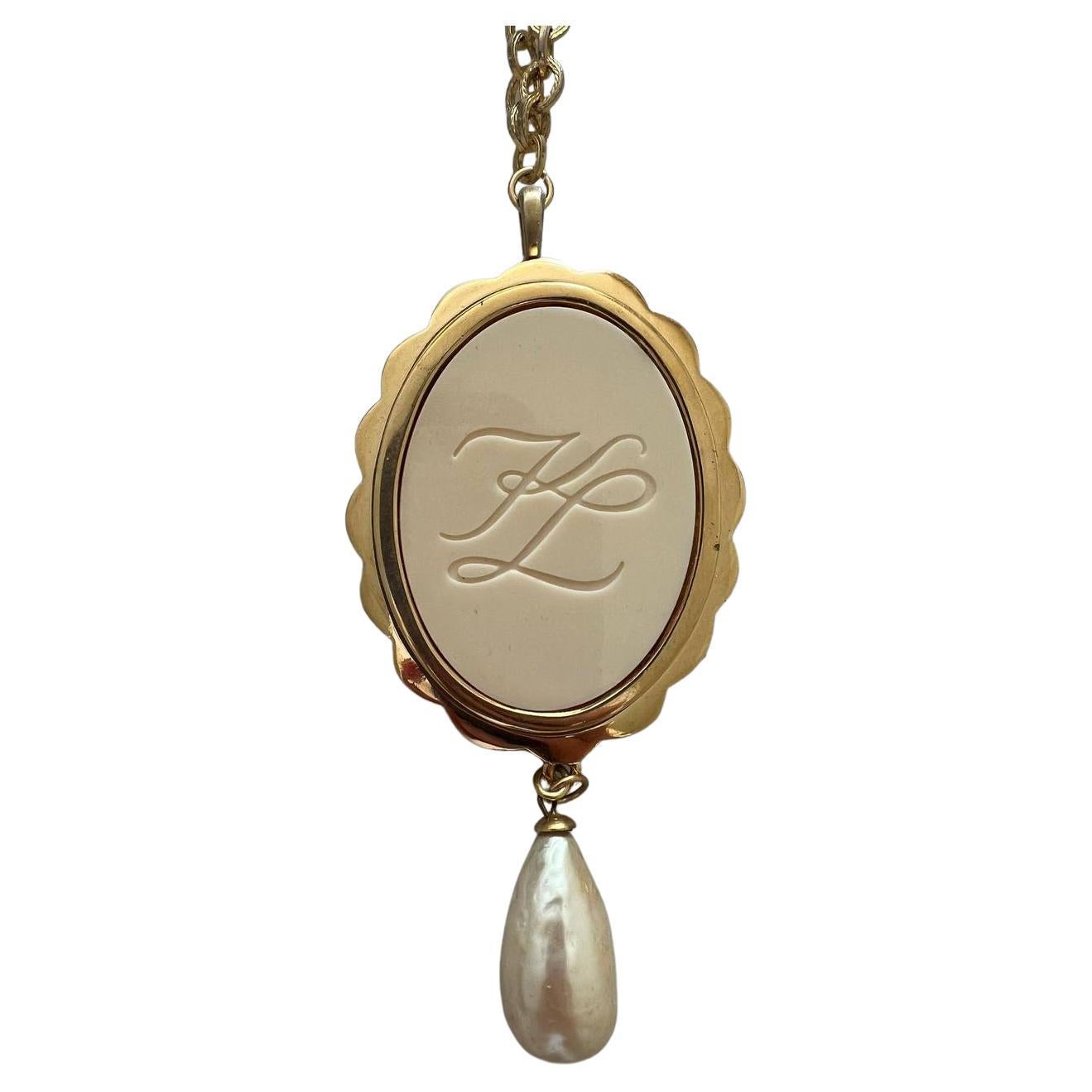 Vintage Karl Lagerfeld Glass and Faux Pearl KL Logo Pendant, 1990s For Sale