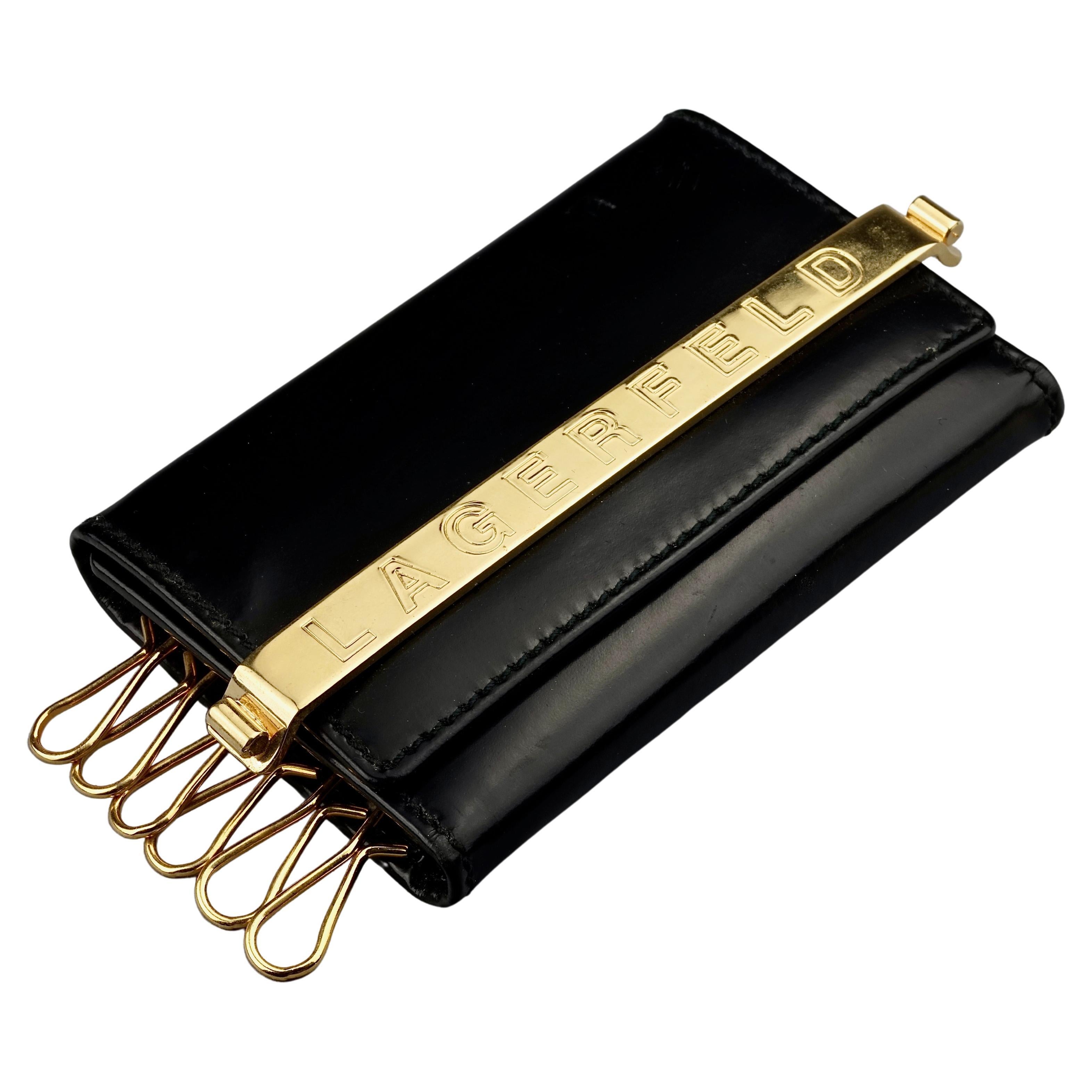 Vintage KARL LAGERFELD Gold Logo Black Patent Leather Key Holder Wallet For Sale