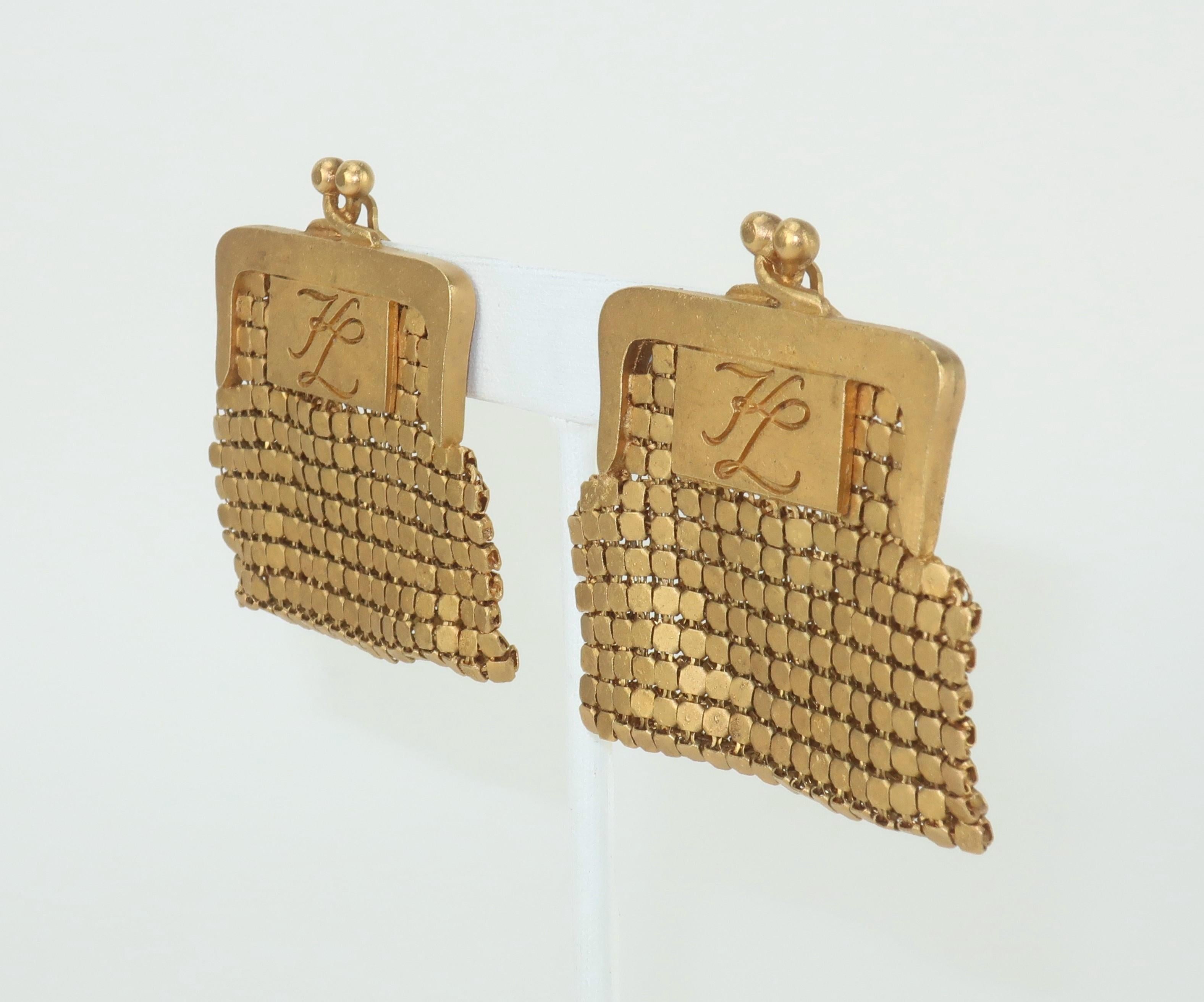 Art Deco Vintage Karl Lagerfeld Gold Mesh Coin Purse Earrings For Sale