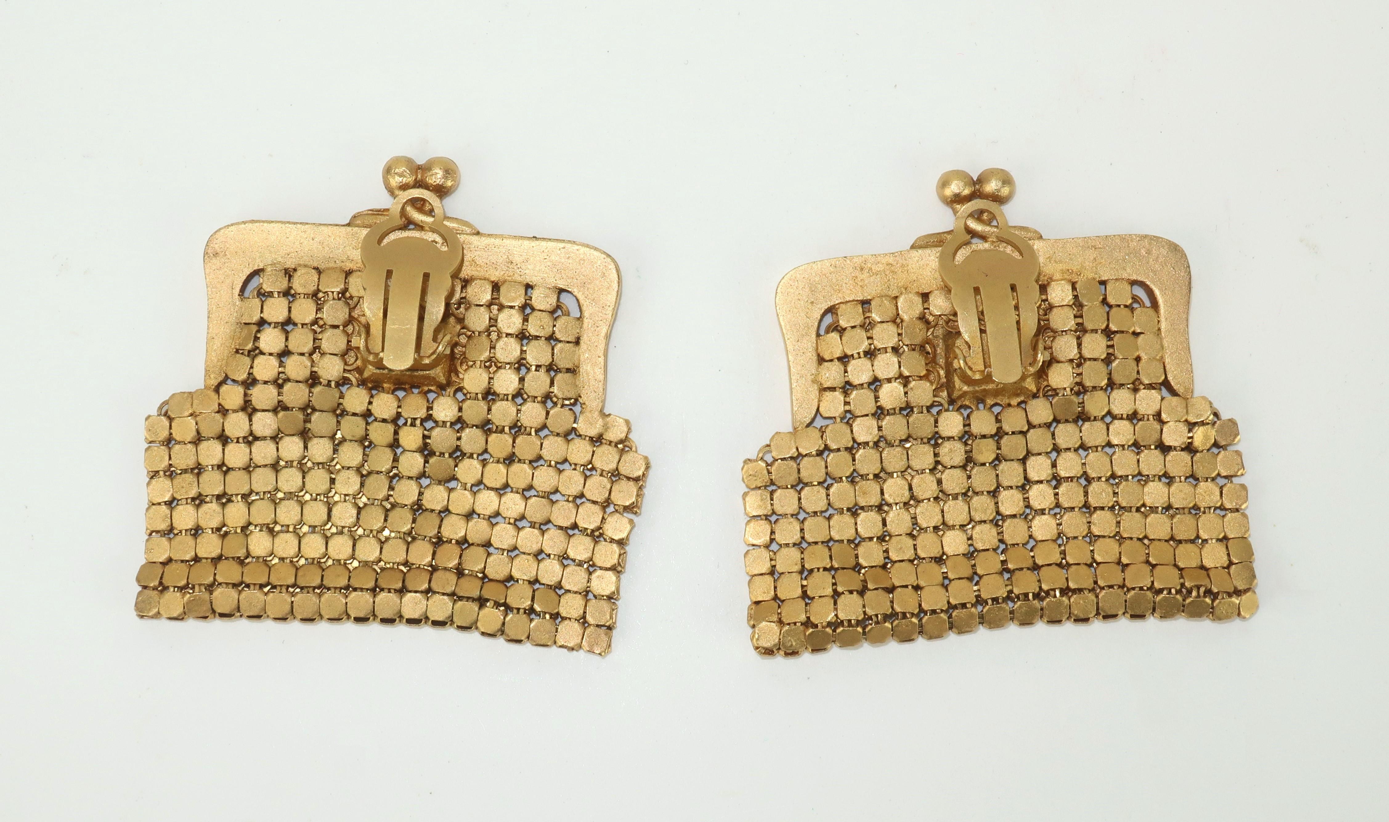 Women's Vintage Karl Lagerfeld Gold Mesh Coin Purse Earrings For Sale
