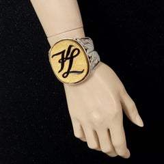 Vintage KARL LAGERFELD Gold Oval KL Logo Silver Filigree Cuff Bracelet