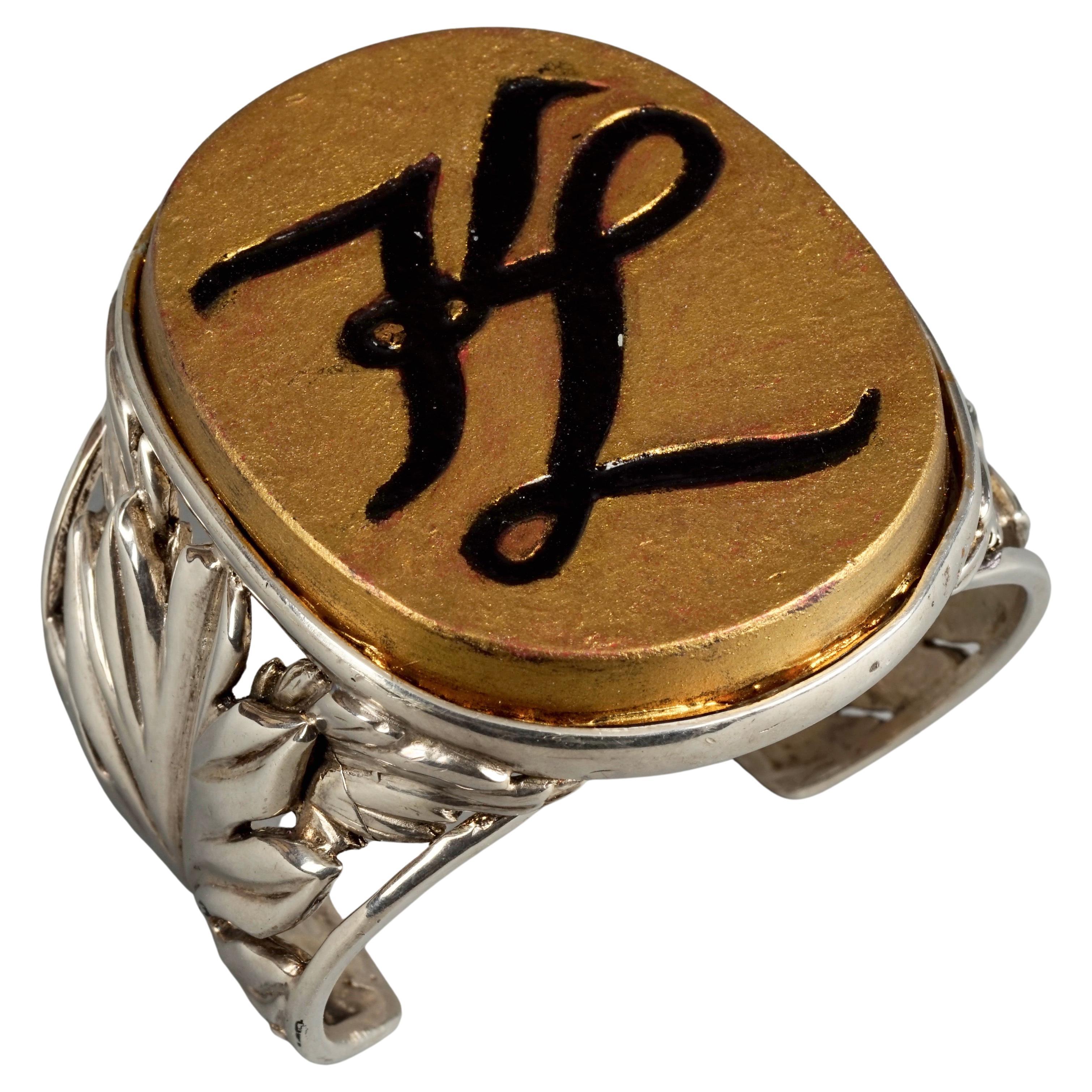 Pre-owned Karl Lagerfeld Vintage Gold Oval Kl Logo Silver Filigree Cuff Bracelet In Multi