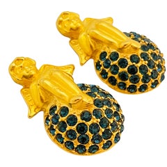 Vintage KARL LAGERFELD gold sapphire cherub designer runway clip on earrings