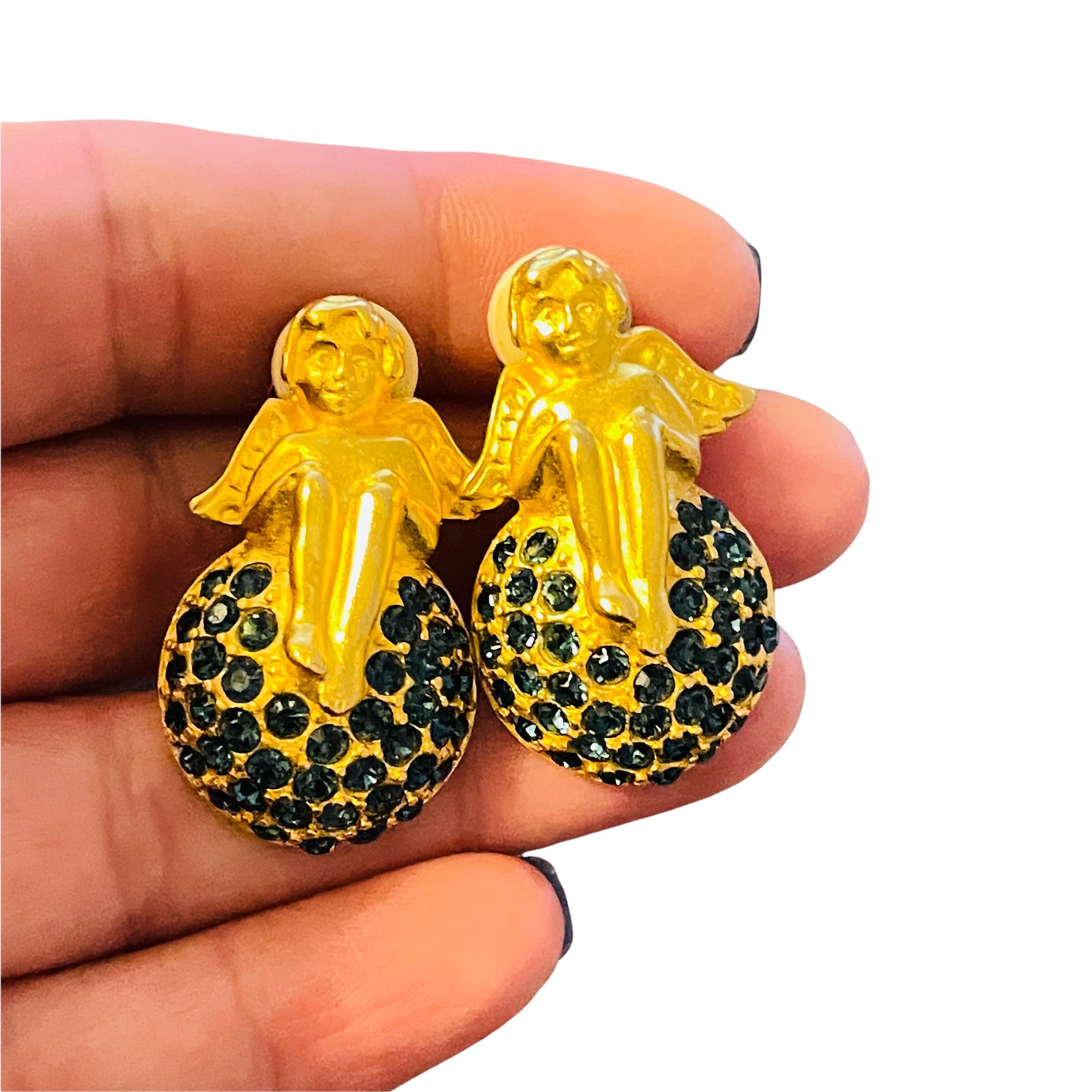 Vintage KARL LAGERFELD gold sapphire cherub designer runway clip on earrings For Sale 1