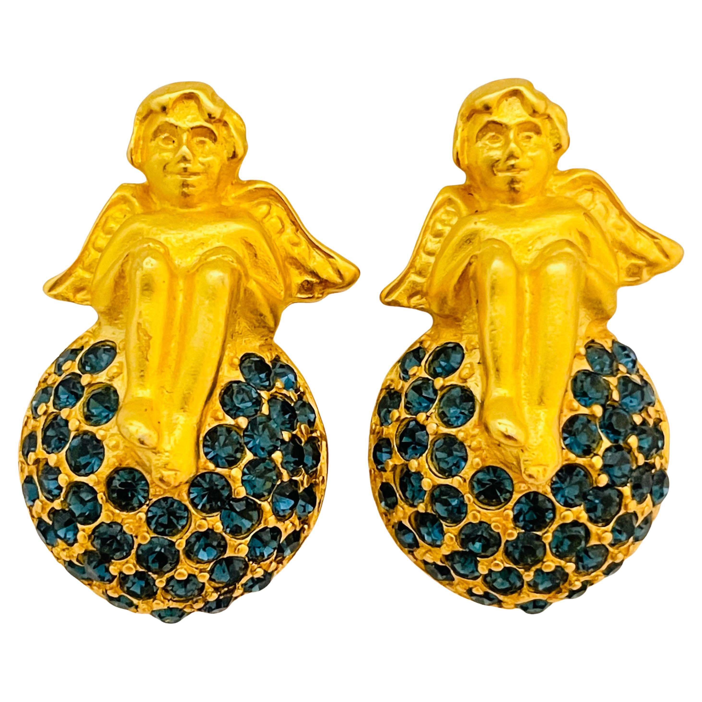 Vintage KARL LAGERFELD gold sapphire cherub designer runway clip on earrings For Sale