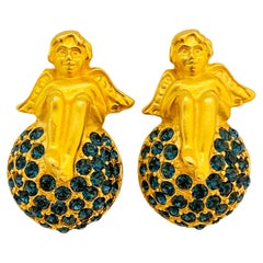 Vintage KARL LAGERFELD gold sapphire cherub designer runway clip on earrings