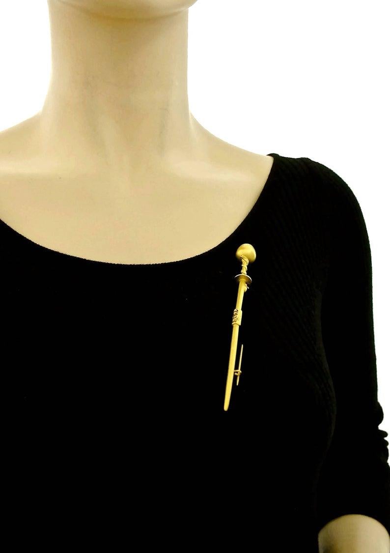 Women's or Men's Vintage KARL LAGERFELD Golden Sceptre Chalice Long Brooch For Sale