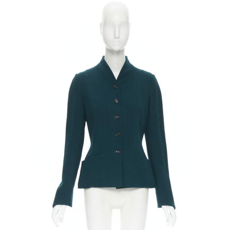 vintage KARL LAGERFELD green wool graphic button paneled blazer jacket FR36 For Sale 7