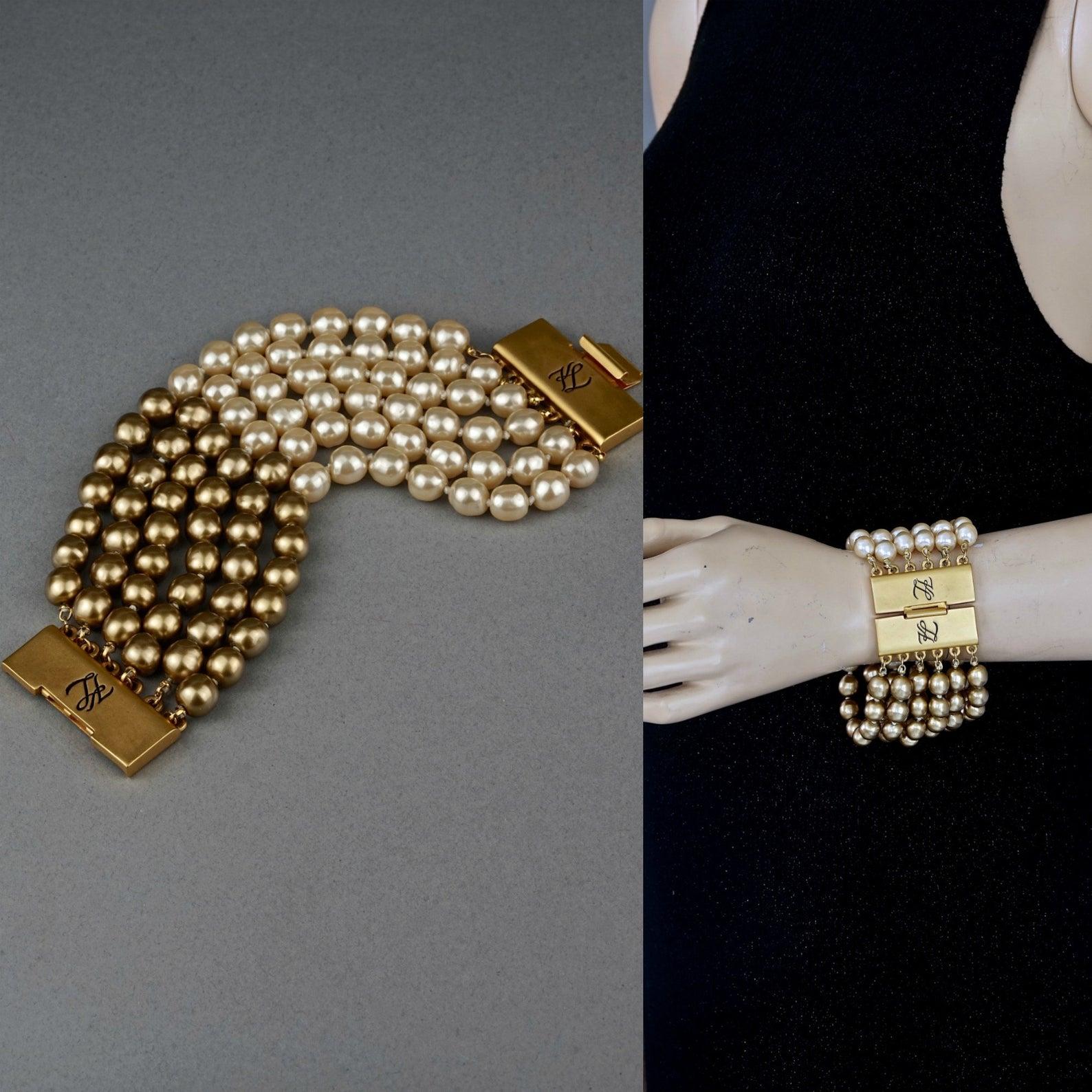 Vintage KARL LAGERFELD KL Logo Multi Strand Two Tone Pearl Cuff Bracelet For Sale 6