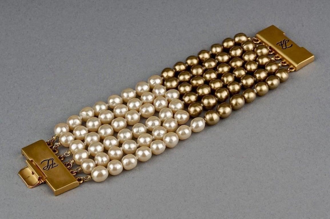 Vintage KARL LAGERFELD KL Logo Multi Strand Two Tone Pearl Cuff Bracelet In Excellent Condition For Sale In Kingersheim, Alsace