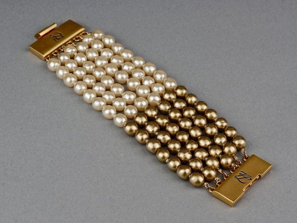 Women's Vintage KARL LAGERFELD KL Logo Multi Strand Two Tone Pearl Cuff Bracelet For Sale