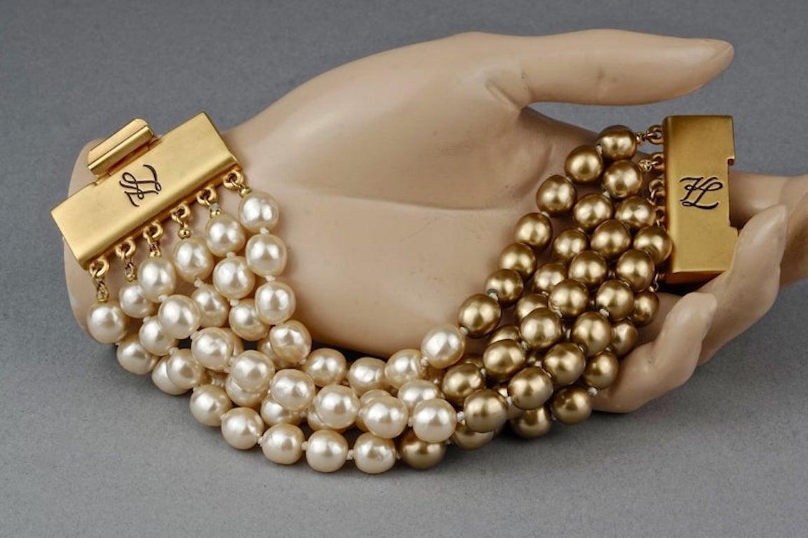 Vintage KARL LAGERFELD KL Logo Multi Strand Two Tone Pearl Cuff Bracelet For Sale 3
