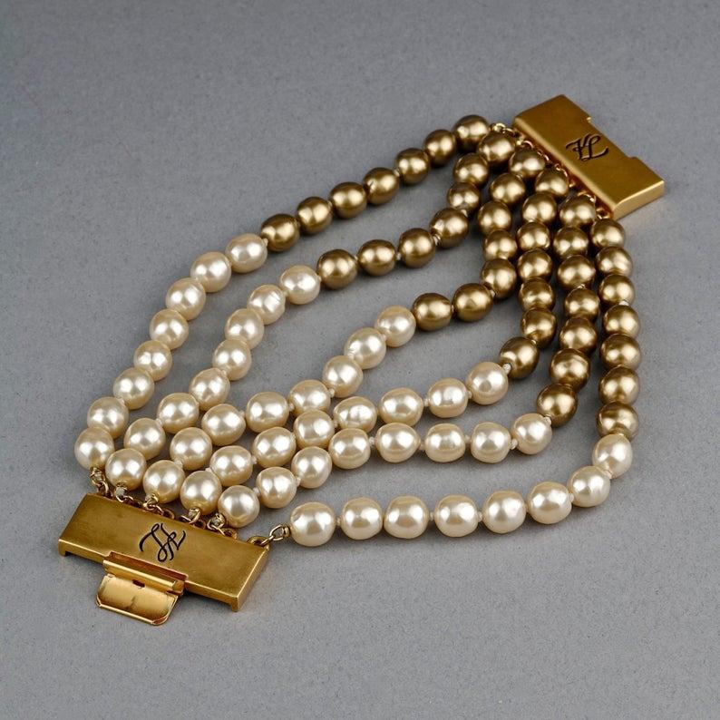 Vintage KARL LAGERFELD KL Logo Multi Strand Two Tone Pearl Cuff Bracelet For Sale 4