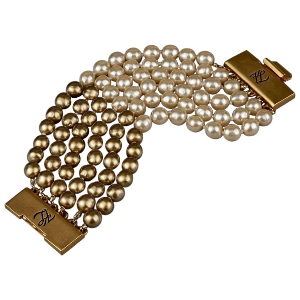 Pre-owned Karl Lagerfeld Vintage Kl Logo Multi Strand Two Tone Pearl Cuff Bracelet In Brown