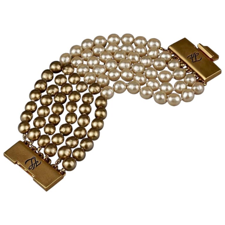 Get Wallpaper Vintage Karl Lagerfeld Kl Logo Multi Strand Two Tone Pearl Cuff For Android