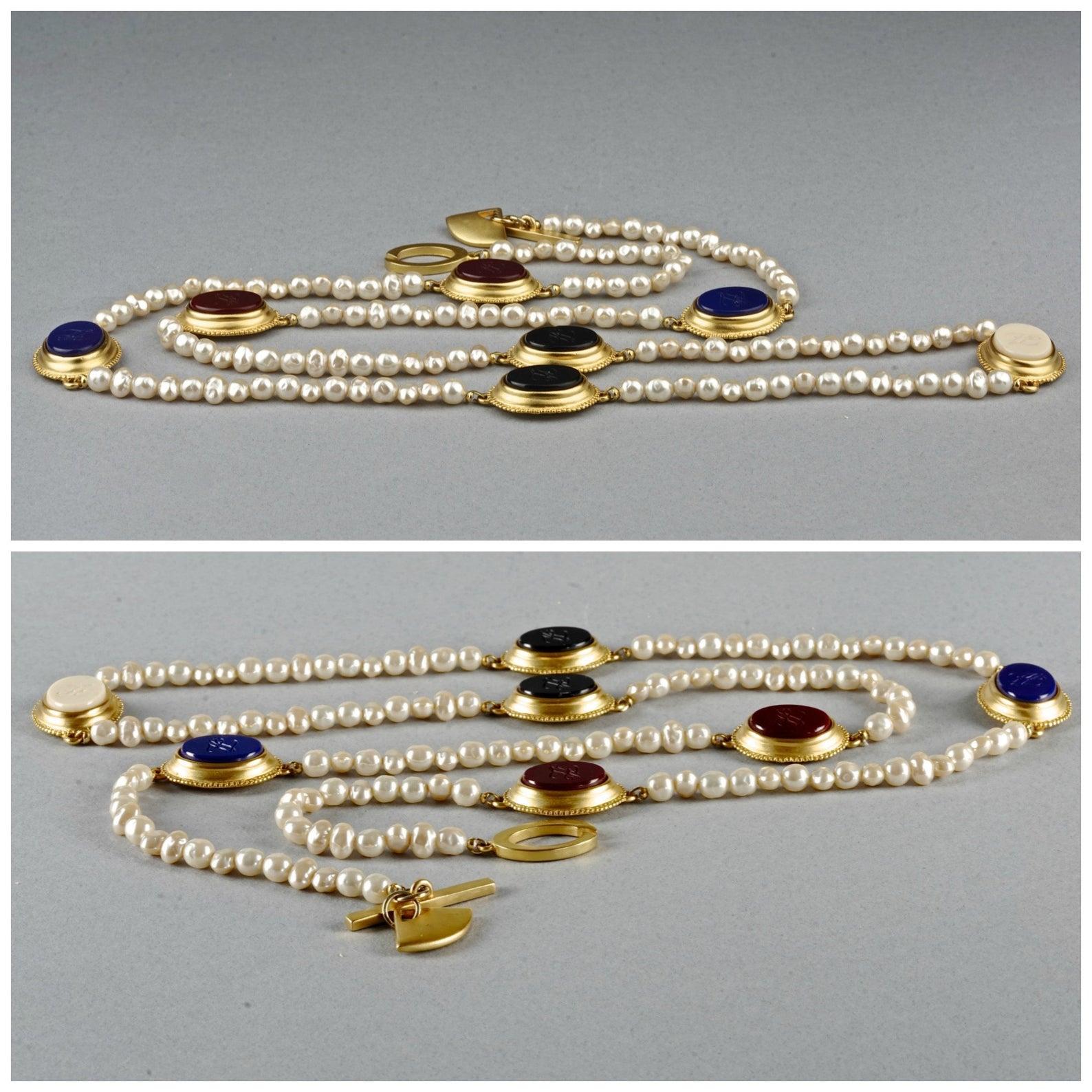 Women's or Men's Vintage KARL LAGERFELD KL Logo Multicolour Medallion Pearl Necklace For Sale