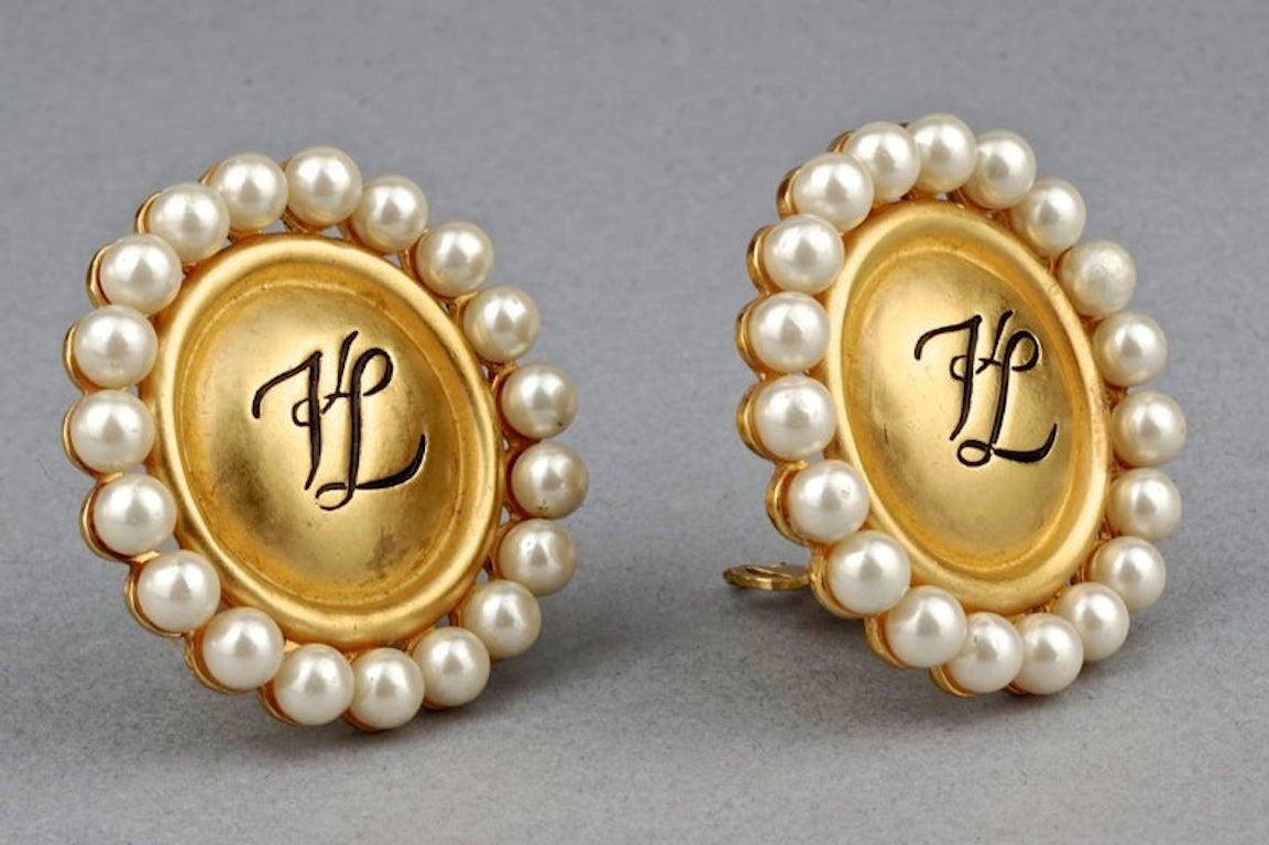 Women's Vintage KARL LAGERFELD KL Logo Pearl Earrings For Sale