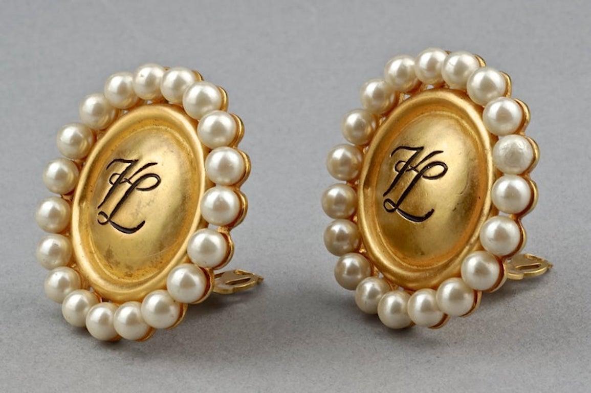 Vintage KARL LAGERFELD KL Logo Pearl Earrings For Sale 1