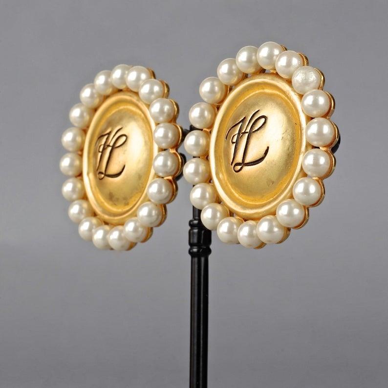 Vintage KARL LAGERFELD KL Logo Pearl Earrings For Sale 3