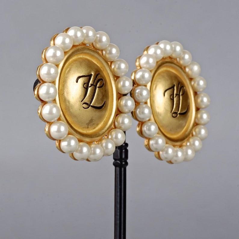 Vintage KARL LAGERFELD KL Logo Pearl Earrings For Sale 4