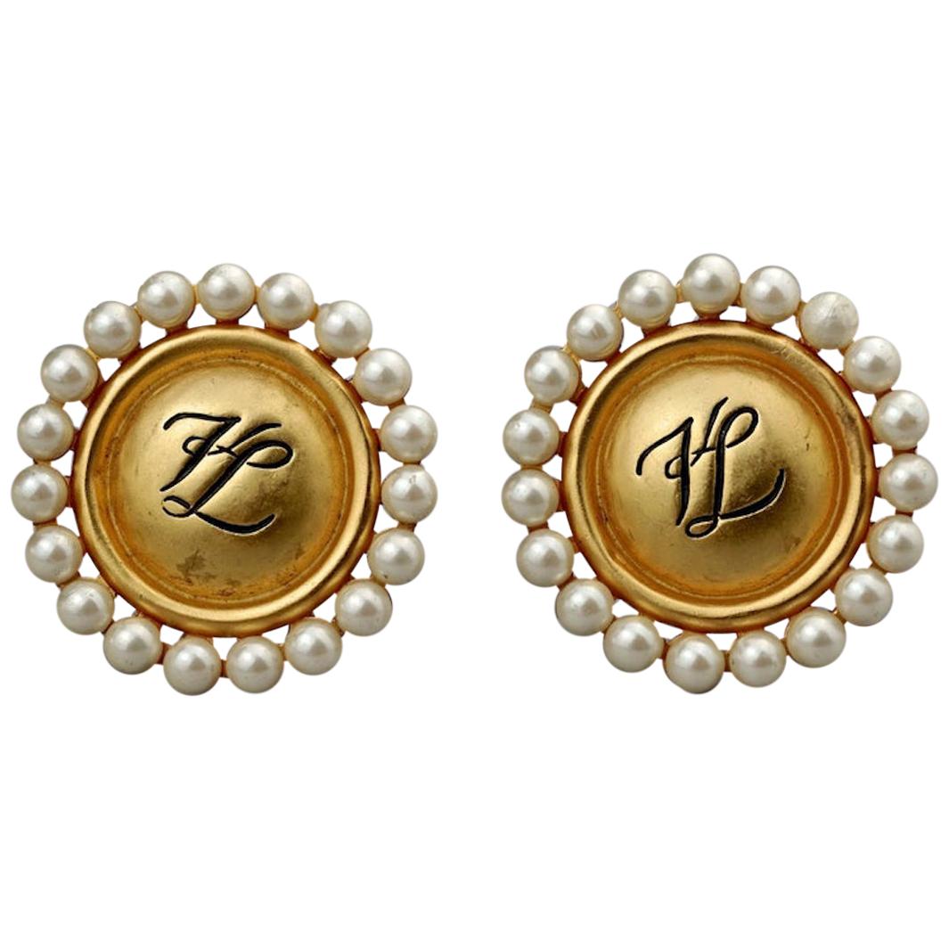 Vintage KARL LAGERFELD KL Logo Pearl Earrings For Sale