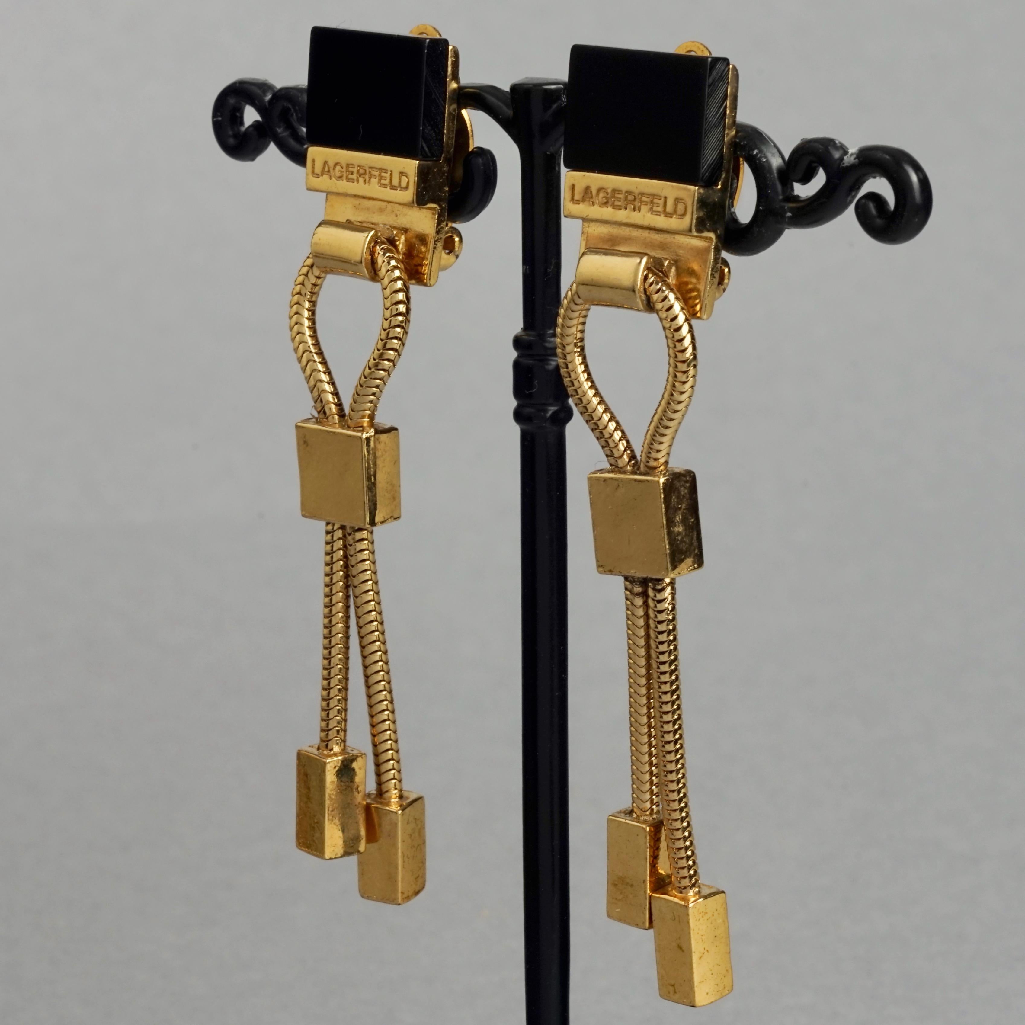 Women's Vintage KARL LAGERFELD Logo Black Resin Hanging Chain Earrings For Sale